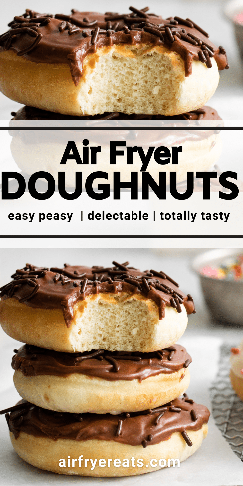 Air Fryer Doughnuts are fluffy and tender, and completely homemade. This simple recipe uses a yeasted dough that tastes exactly like your favorite traditional doughnut. Top them with a creamy chocolate frosting or dip them in cinnamon and sugar for extra decadence. via @vegetarianmamma