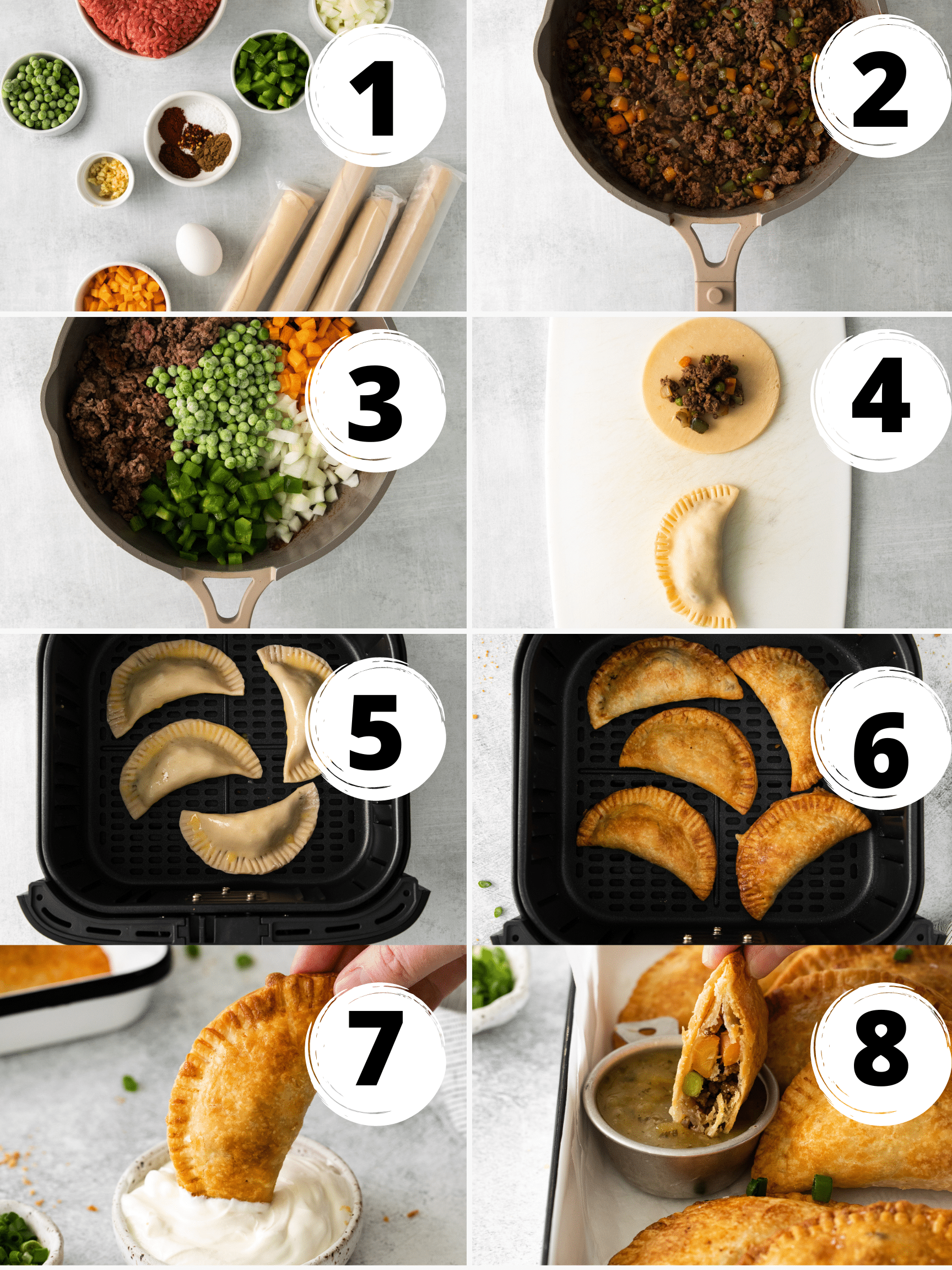 Collage of photos of the steps to make Air Fryer Empanadas.