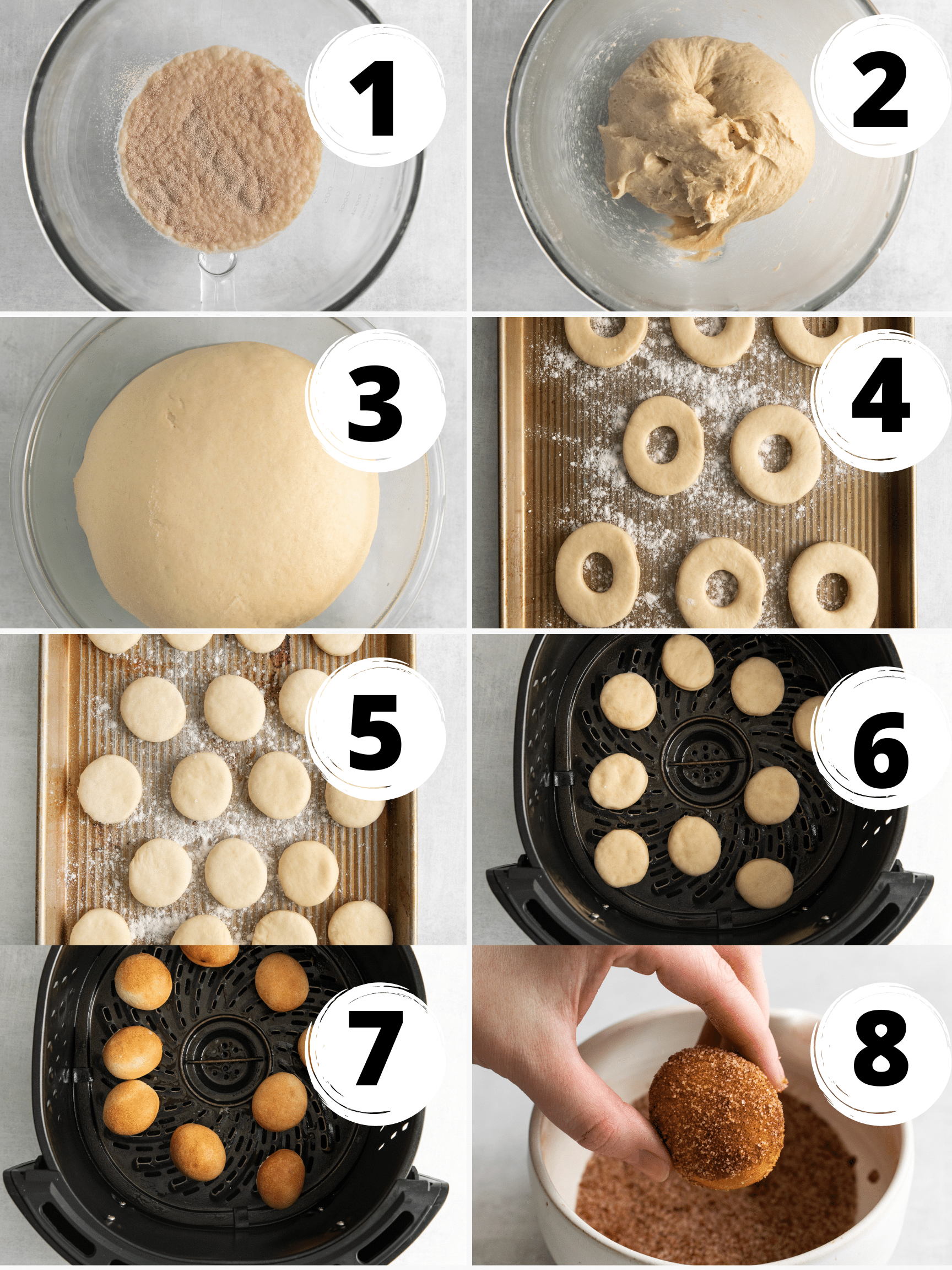 Collage of photos showing the steps to make Air Fryer Donut Holes.