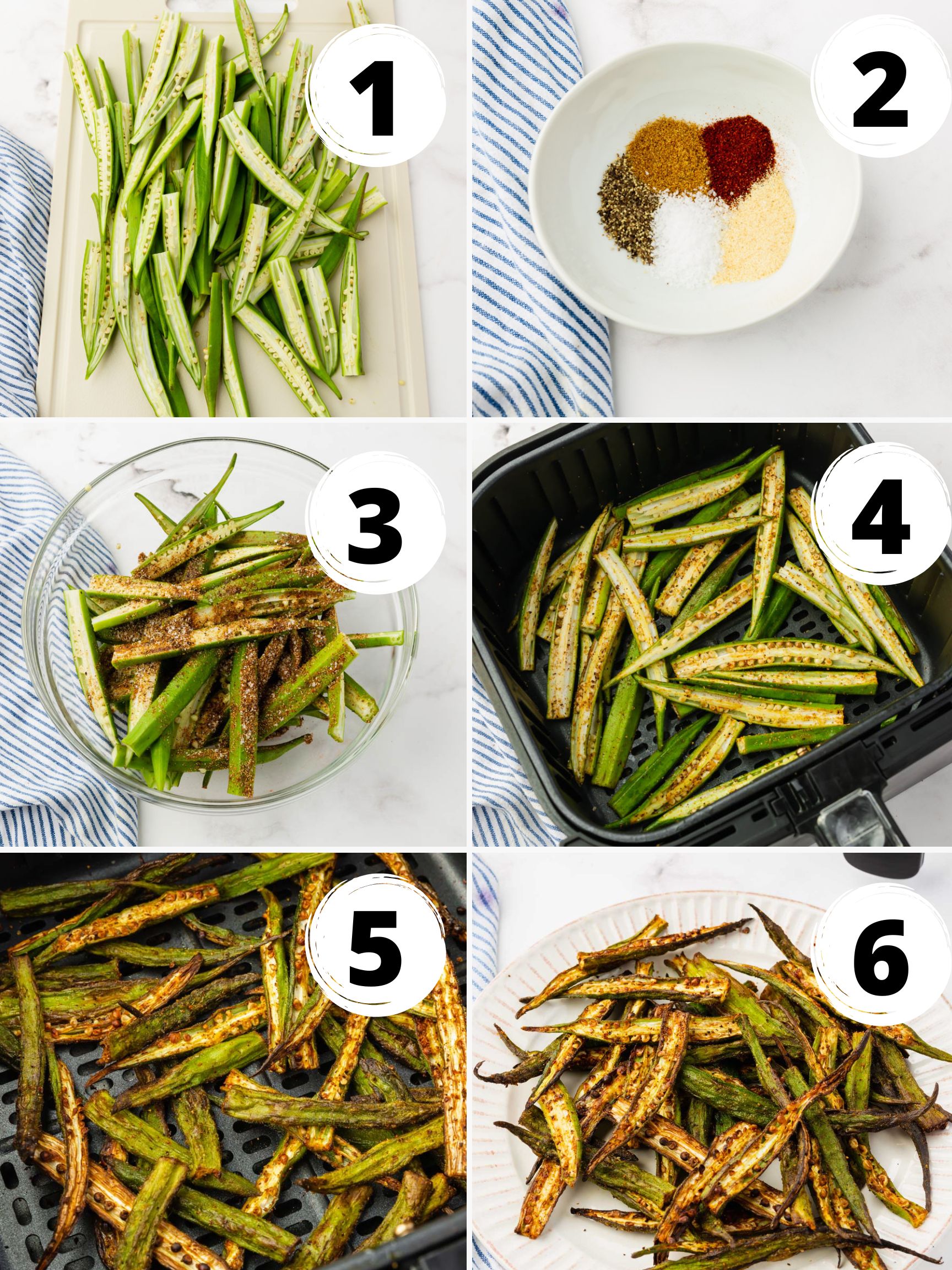 a collage of six images showing how to cook fresh okra in an air fryer without breading.