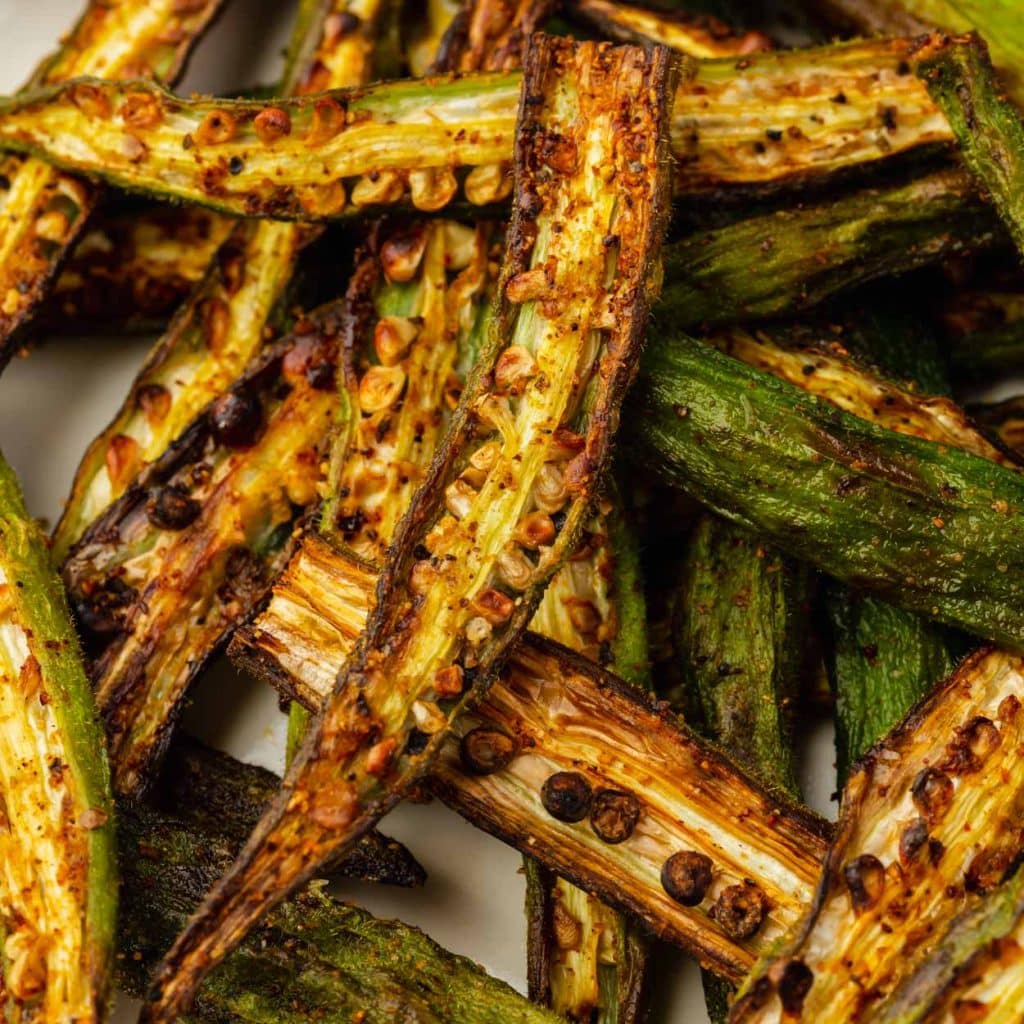 closeup of browned and crispy air fryer okra.