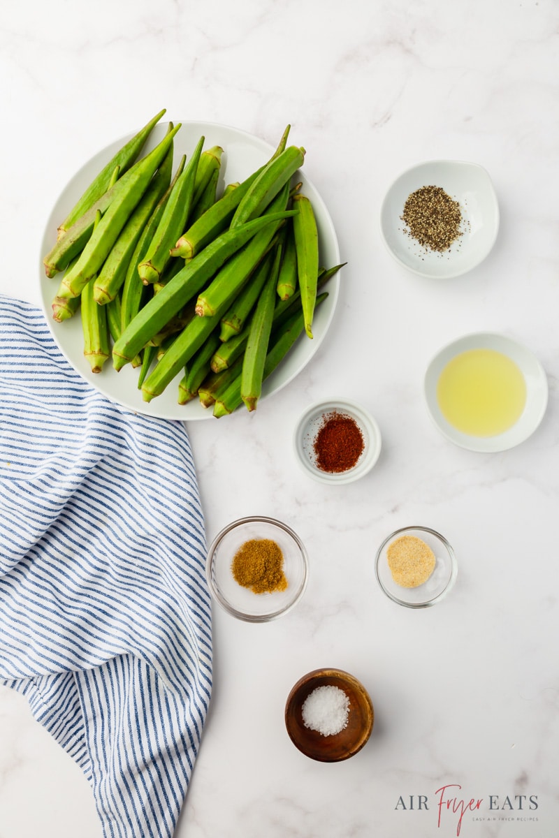 The ingredients for making crispy air fryer okra pods. 