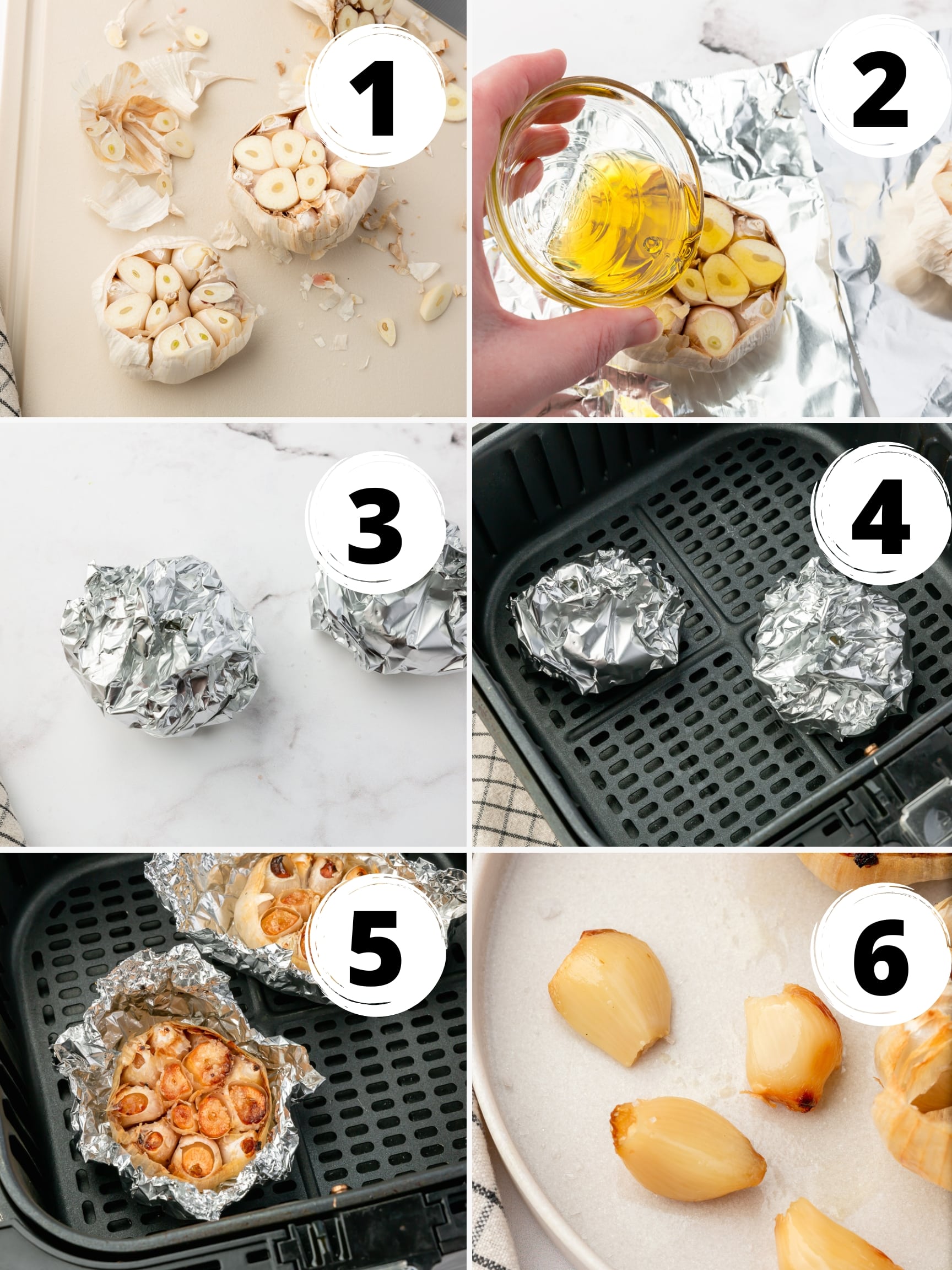 a collage of six numbered images showing how to make roasted garlic in air fryer