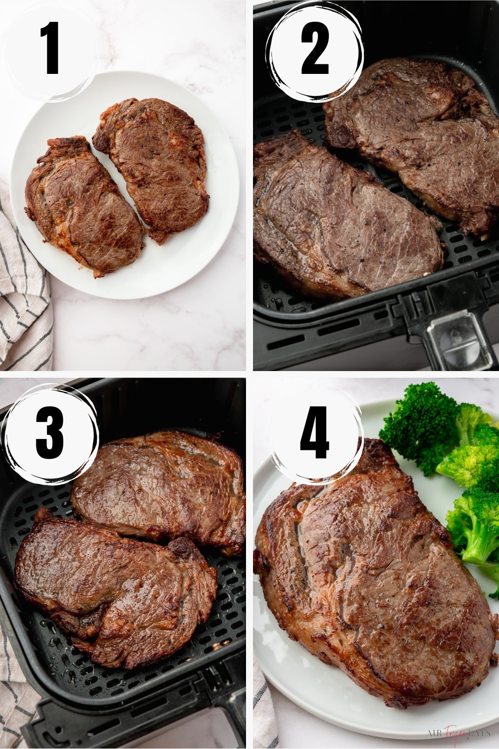 a collage of 4 numbered images showing how to reheat steak in air fryer.