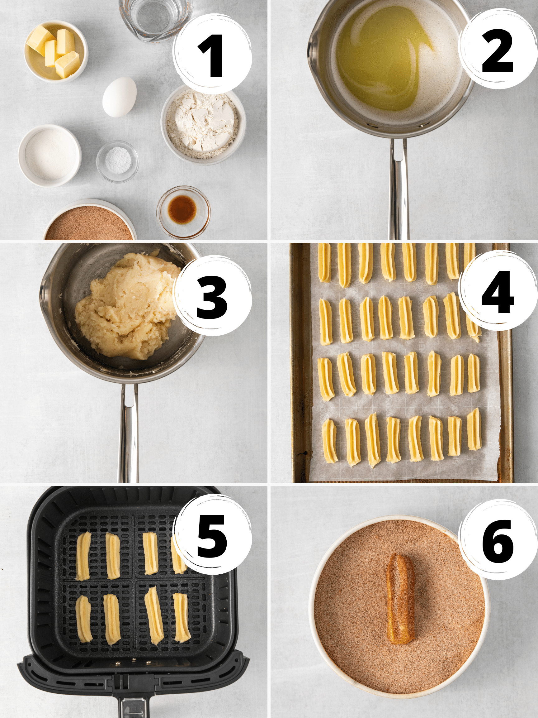 Collage of photos showing the steps to make Air Fryer Churros.