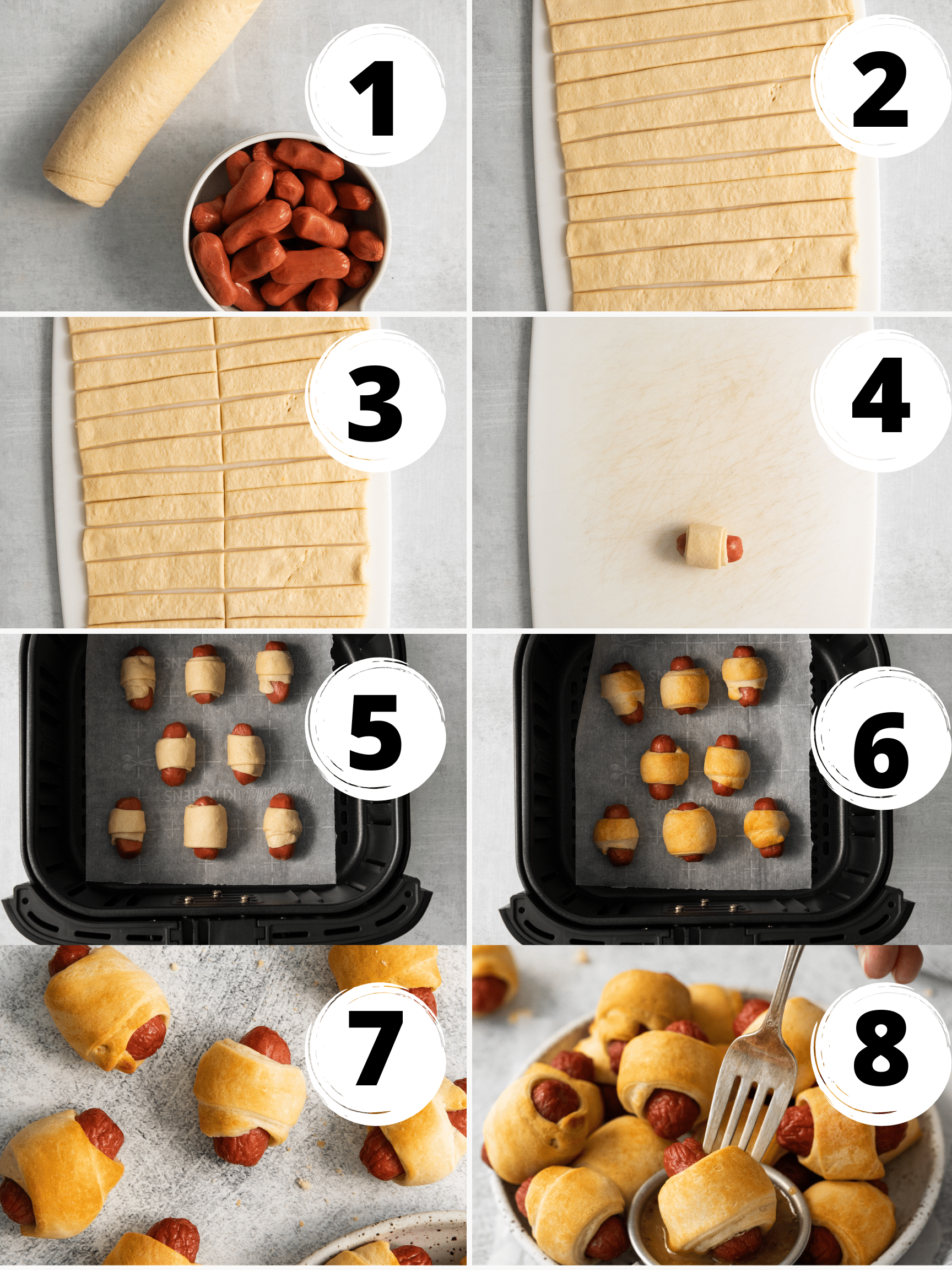 Collage of photos showing the steps to make Air Fryer Pigs in a Blanket. 