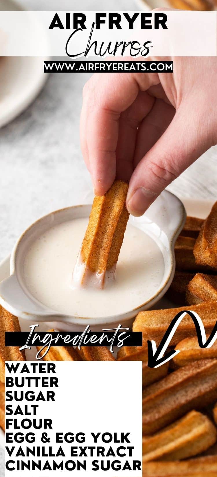 Pinterest photo of a hand dipping an Air Fryer Churro in powdered sugar glaze.