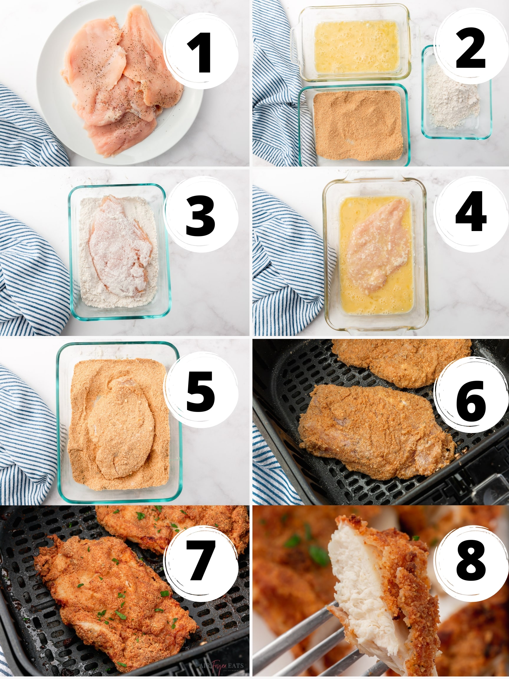A collage of 8 numbered images showing how to make air fryer chicken cutlets. 