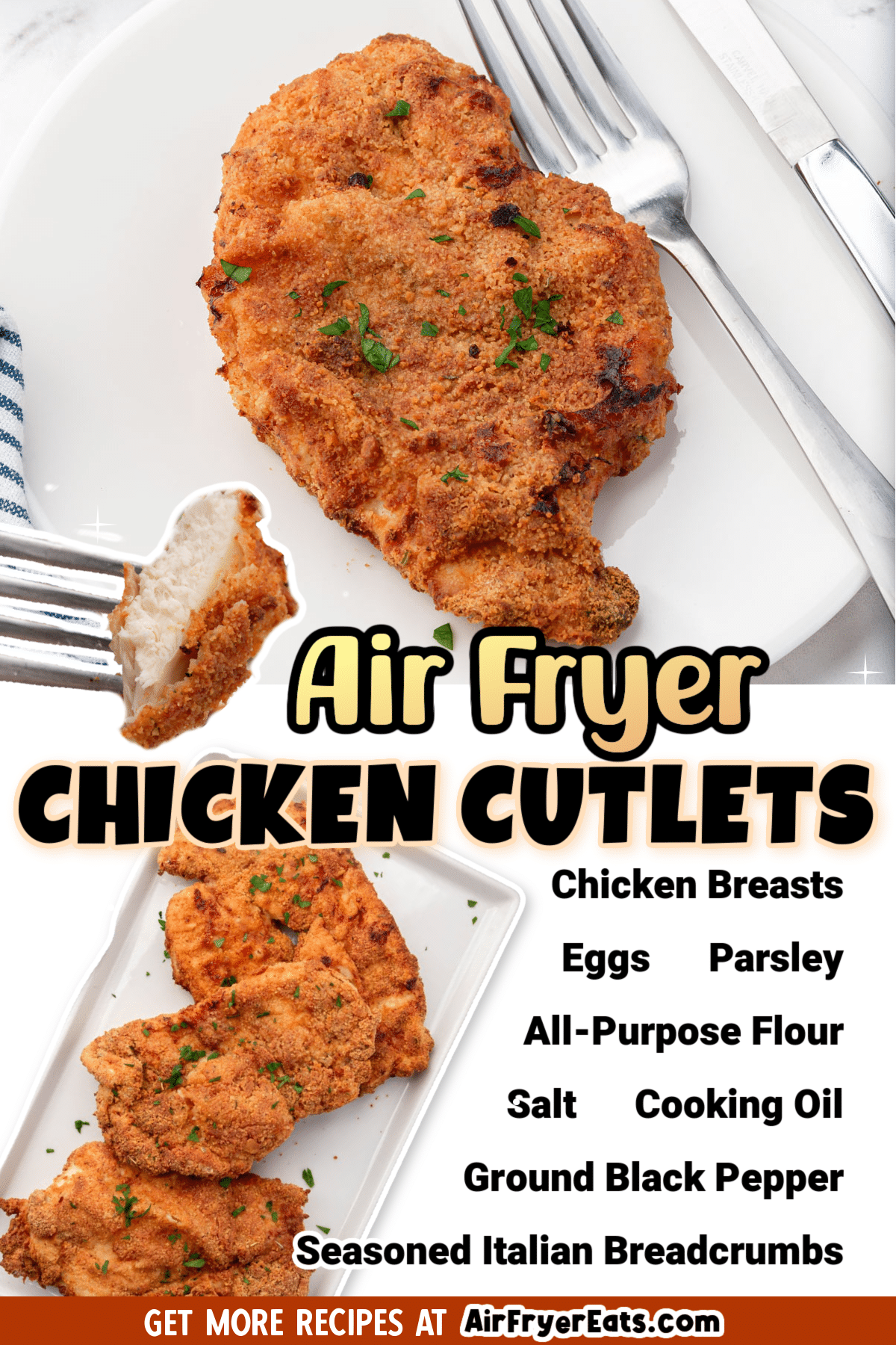 Air Fryer Chicken Cutlets are so easy to make! Coated in a mix of Italian bread crumbs and simple seasonings, these crispy cutlets are cooked in the air fryer with just a small amount of oil, and ready in under 20 minutes. via @vegetarianmamma