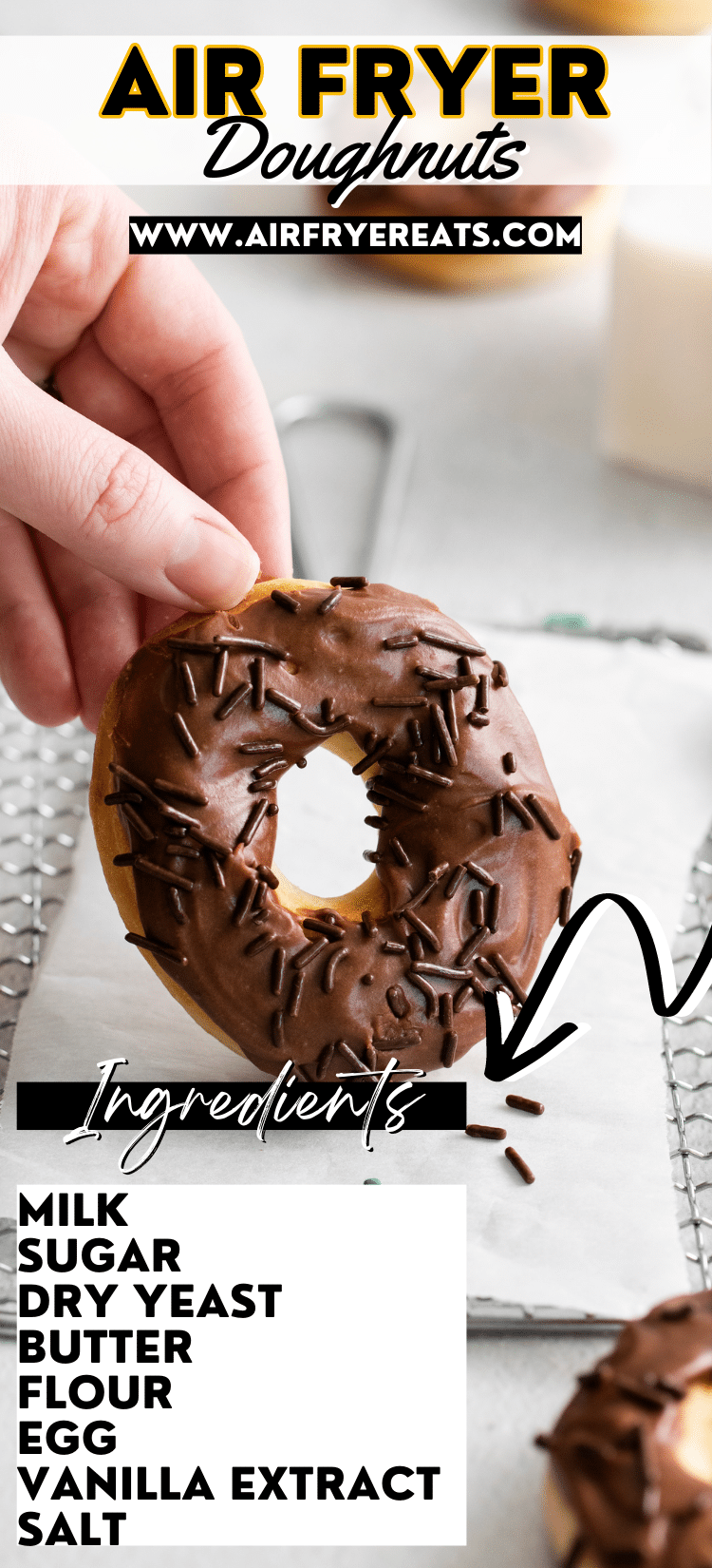 Air Fryer Doughnuts are fluffy and tender, and completely homemade. This simple recipe uses a yeasted dough that tastes exactly like your favorite traditional doughnut. Top them with a creamy chocolate frosting or dip them in cinnamon and sugar for extra decadence. via @vegetarianmamma