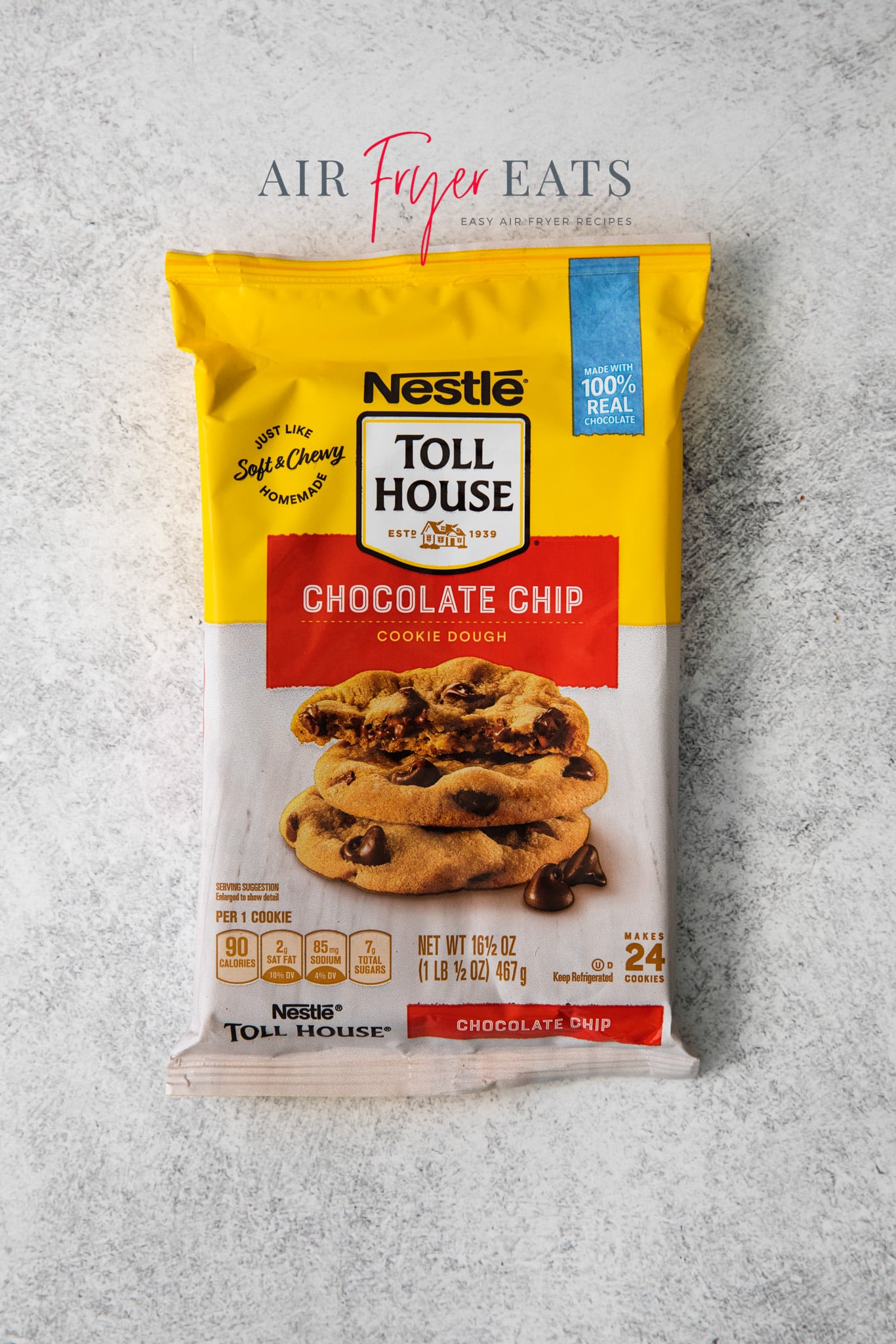 Top view photo of Tollhouse premade cookie dough in packaging. 