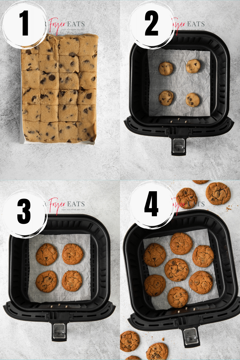 Collage of photos showing the steps to make cookie dough in the air fryer. 