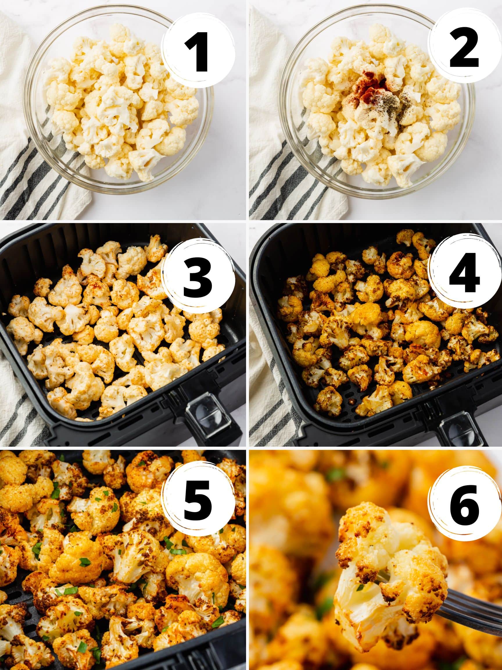 a collage of six images showing how to make easy air fryer cauliflower.