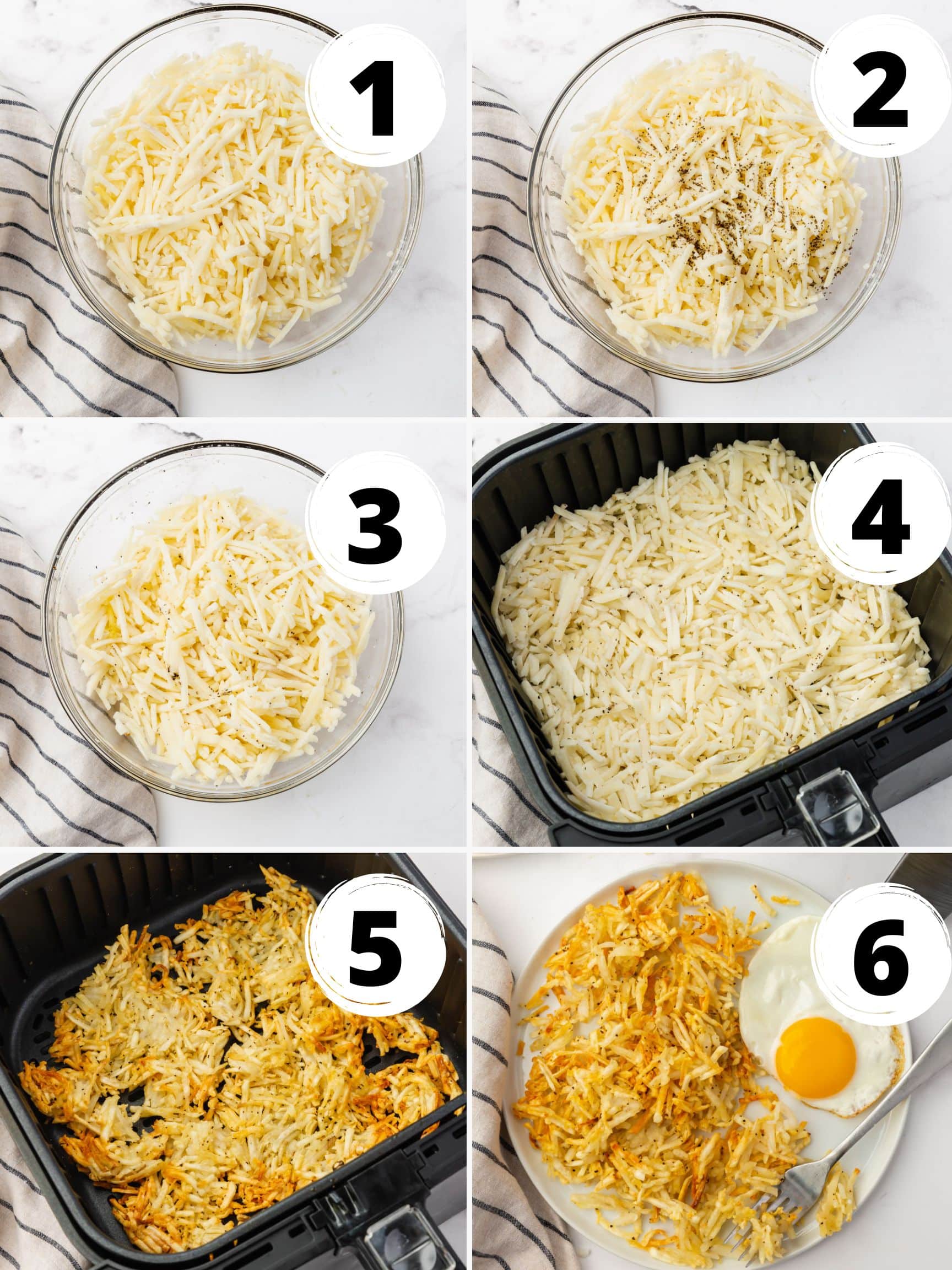 a collage of six images showing each step in the recipe for air fryer hash browns