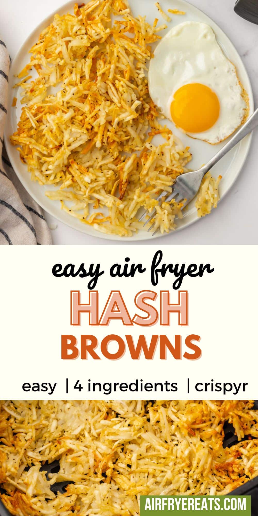Shredded frozen potatoes become the most amazing crispy Air Fryer Hashbrowns in under 20 minutes and with only a tablespoon of oil! via @vegetarianmamma