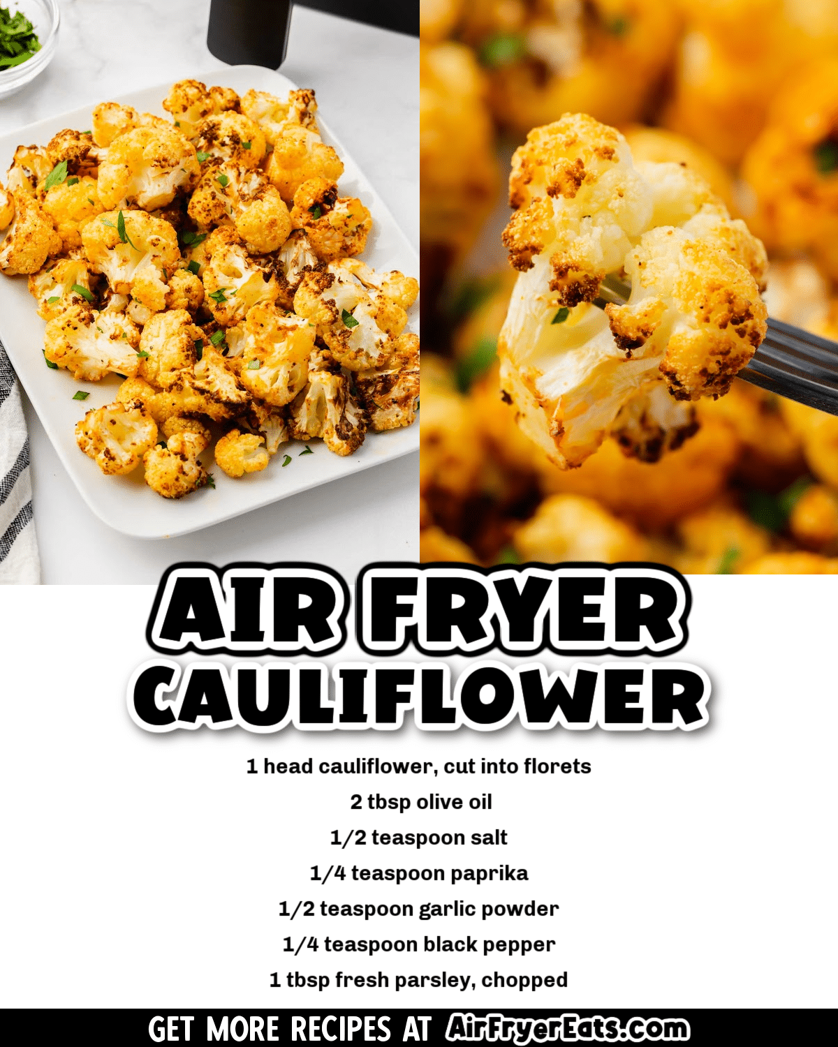 Air Fryer Cauliflower is a healthy and delicious side dish that is easy and quick to make! Just toss florets with oil and seasonings, and air fry until they're golden brown and roasted to perfection. via @vegetarianmamma