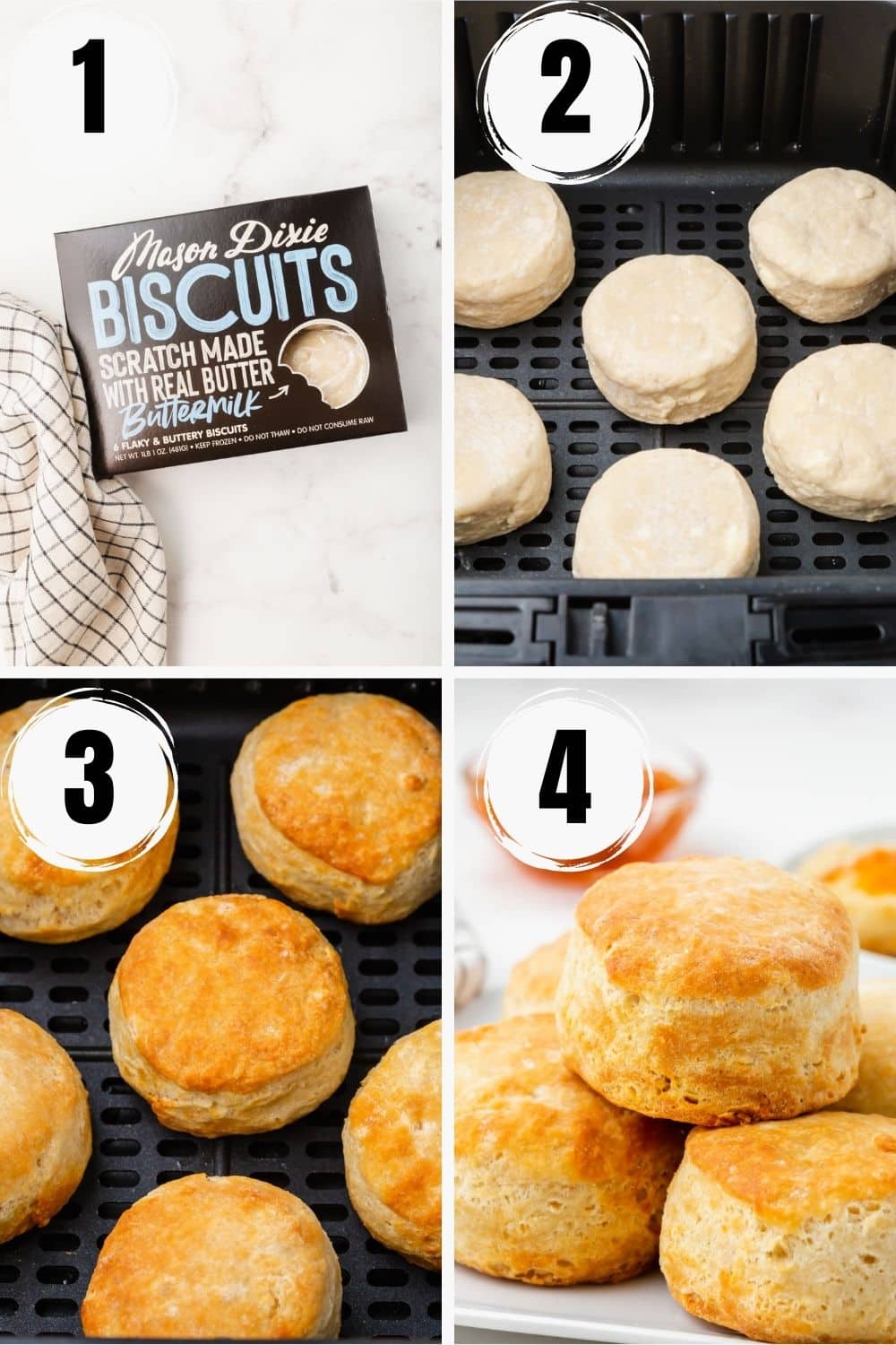 Collage of photos showing the steps to make frozen biscuits in air fryer. 
