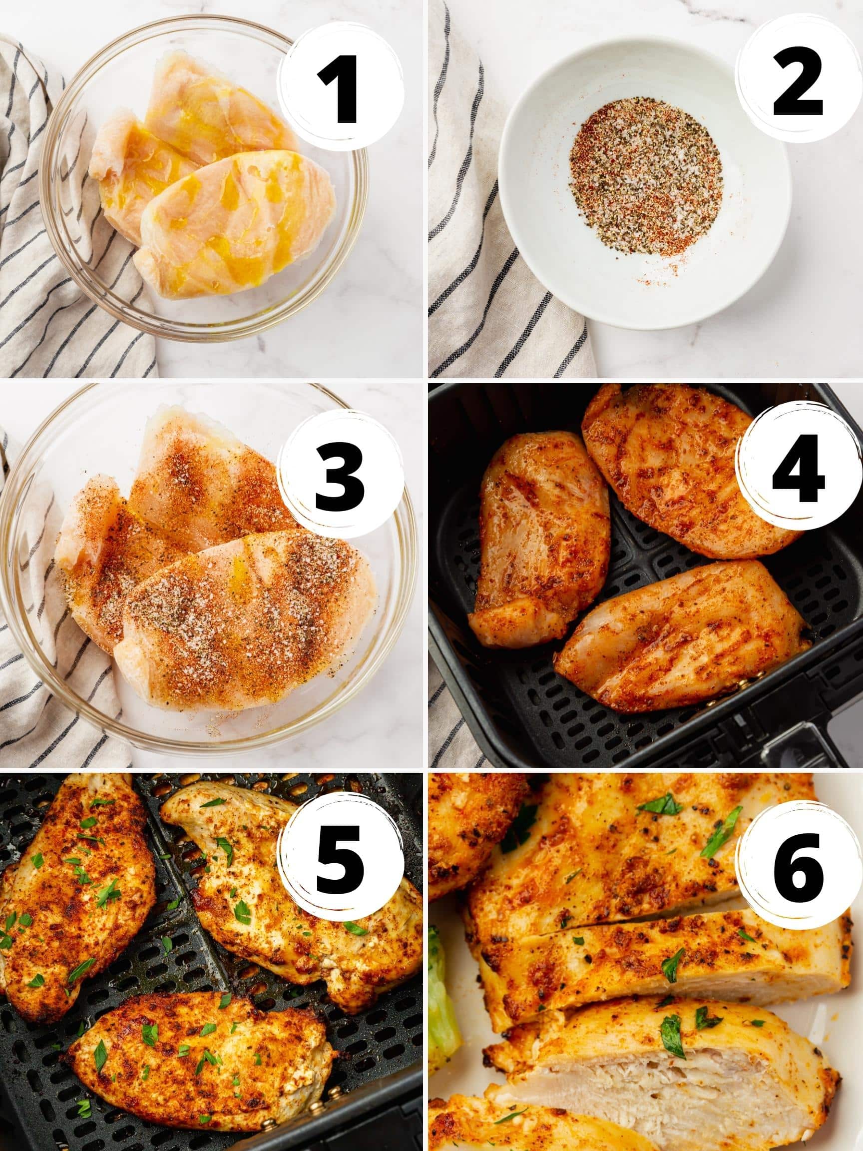 a collage of six images showing how to make frozen chicken breast in air fryer.