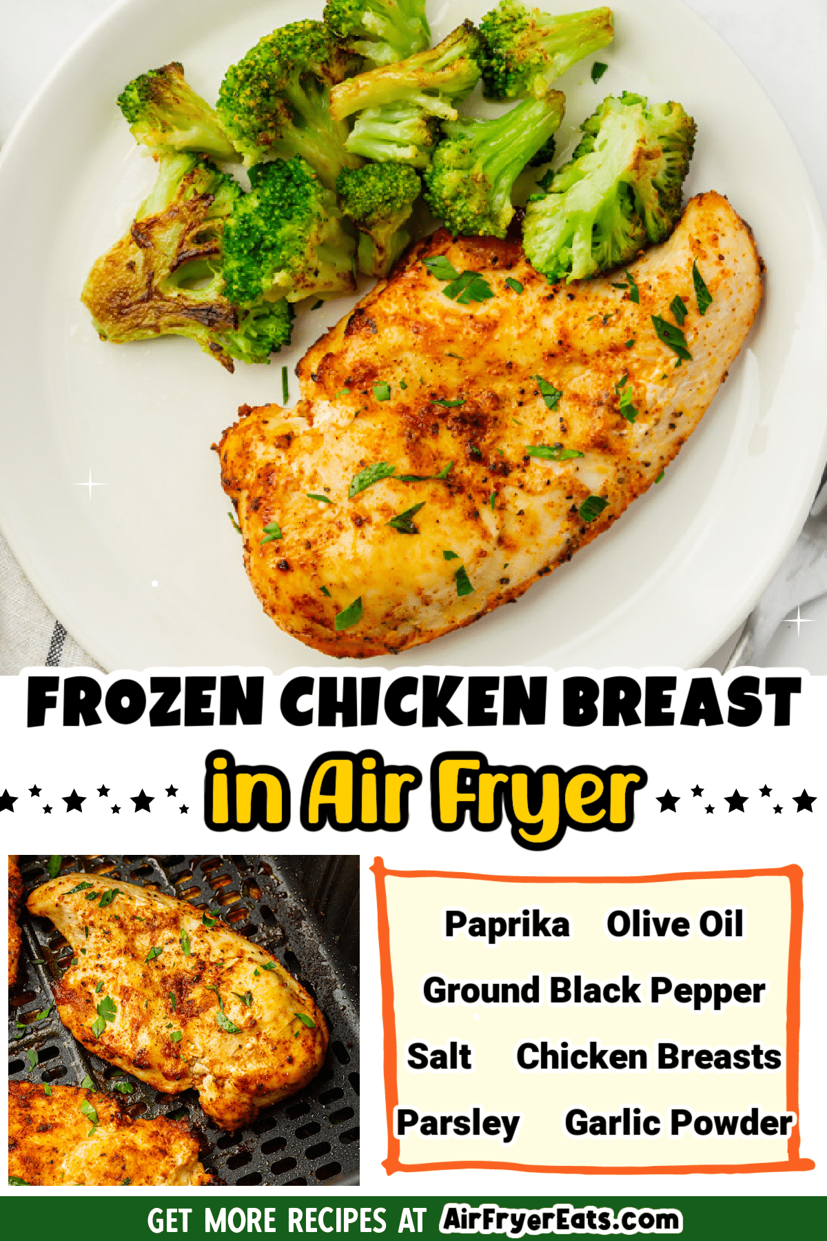 Cooking Frozen Chicken Breast in the Air Fryer is the quickest and most simple way to get dinner on the table in a flash! There's no need to thaw chicken breasts when you use this simple air fryer recipe. via @vegetarianmamma