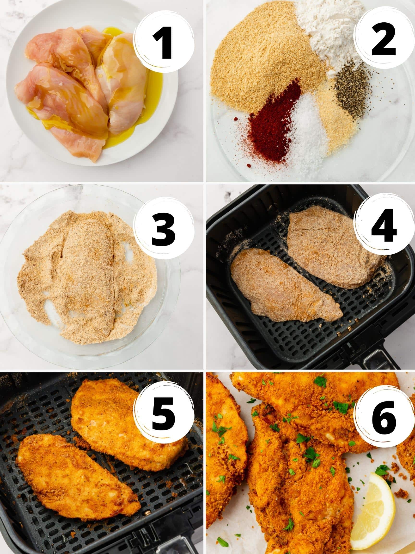 a collage of six images showing how to make air fryer breaded chicken breast. 