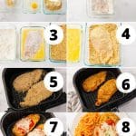 A collage of 8 images showing how to make chicken parmesan in air fryer.