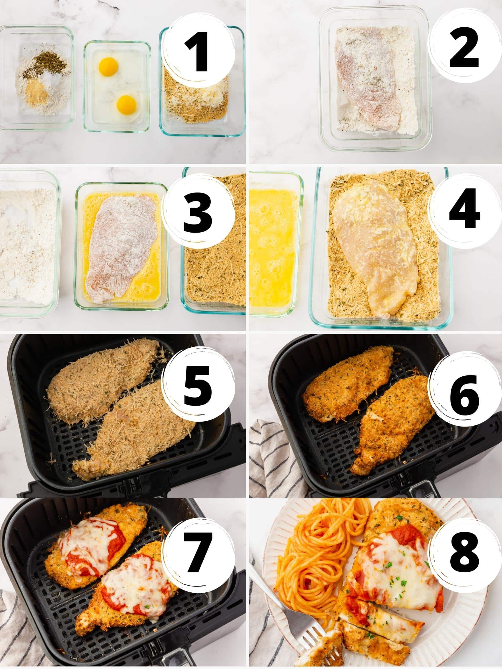 A collage of 8 images showing how to make chicken parmesan in air fryer.