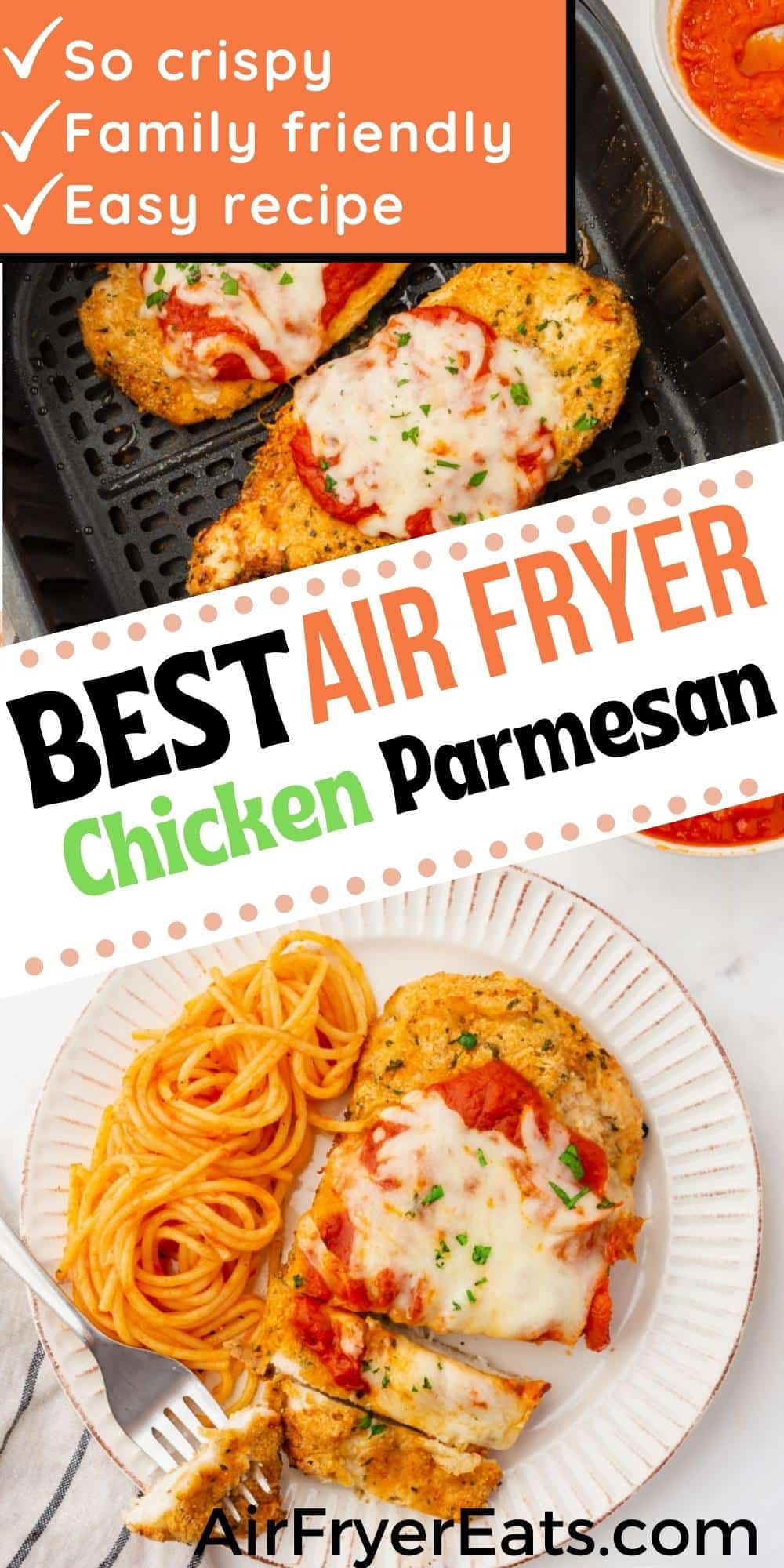 Learn how to make the best Air Fryer Chicken Parmesan! It's crispy, cheesy, and packed with Italian flavor. Plus, it's ready in less than 15 minutes, making it perfect for busy nights. via @vegetarianmamma