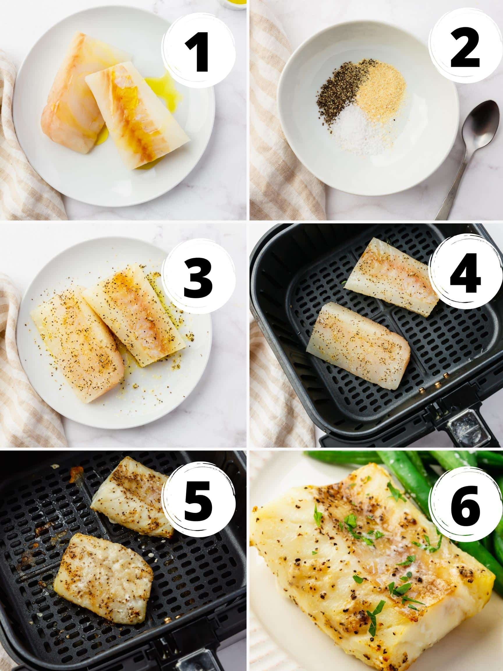 a collage of six numbered image showin ghow to make cod in the air fryer.
