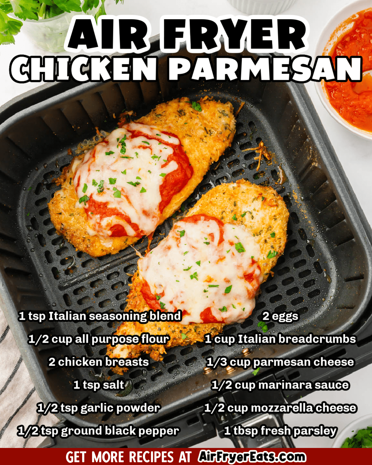 Learn how to make the best Air Fryer Chicken Parmesan! It's crispy, cheesy, and packed with Italian flavor. Plus, it's ready in less than 15 minutes, making it perfect for busy nights. via @vegetarianmamma