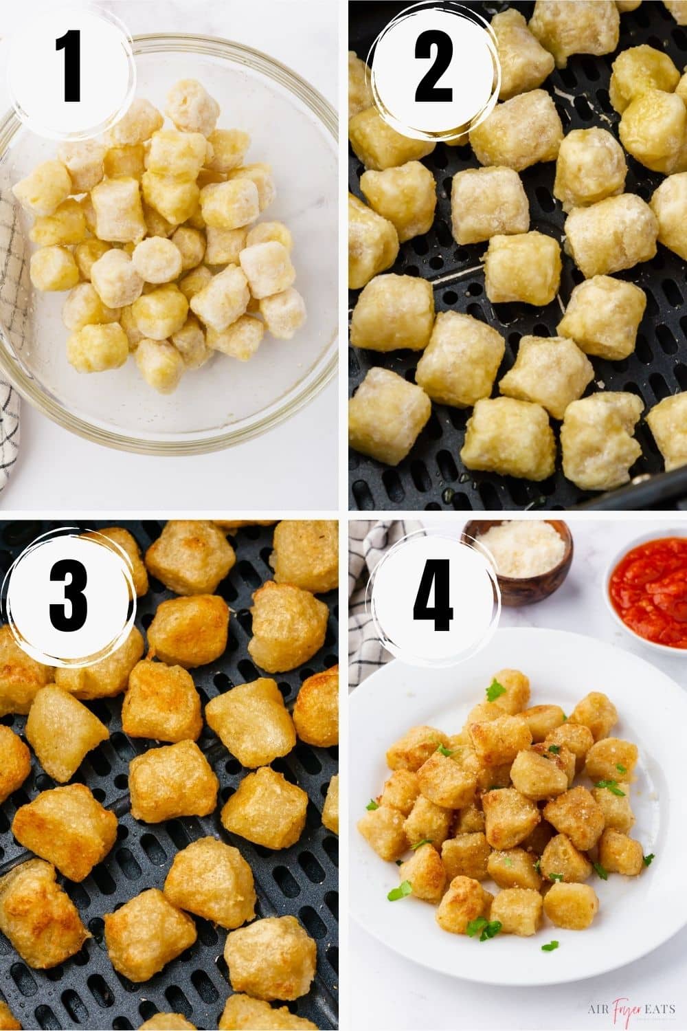 Collage of photos, showing the steps to make Air Fryer Cauliflower Gnocchi.