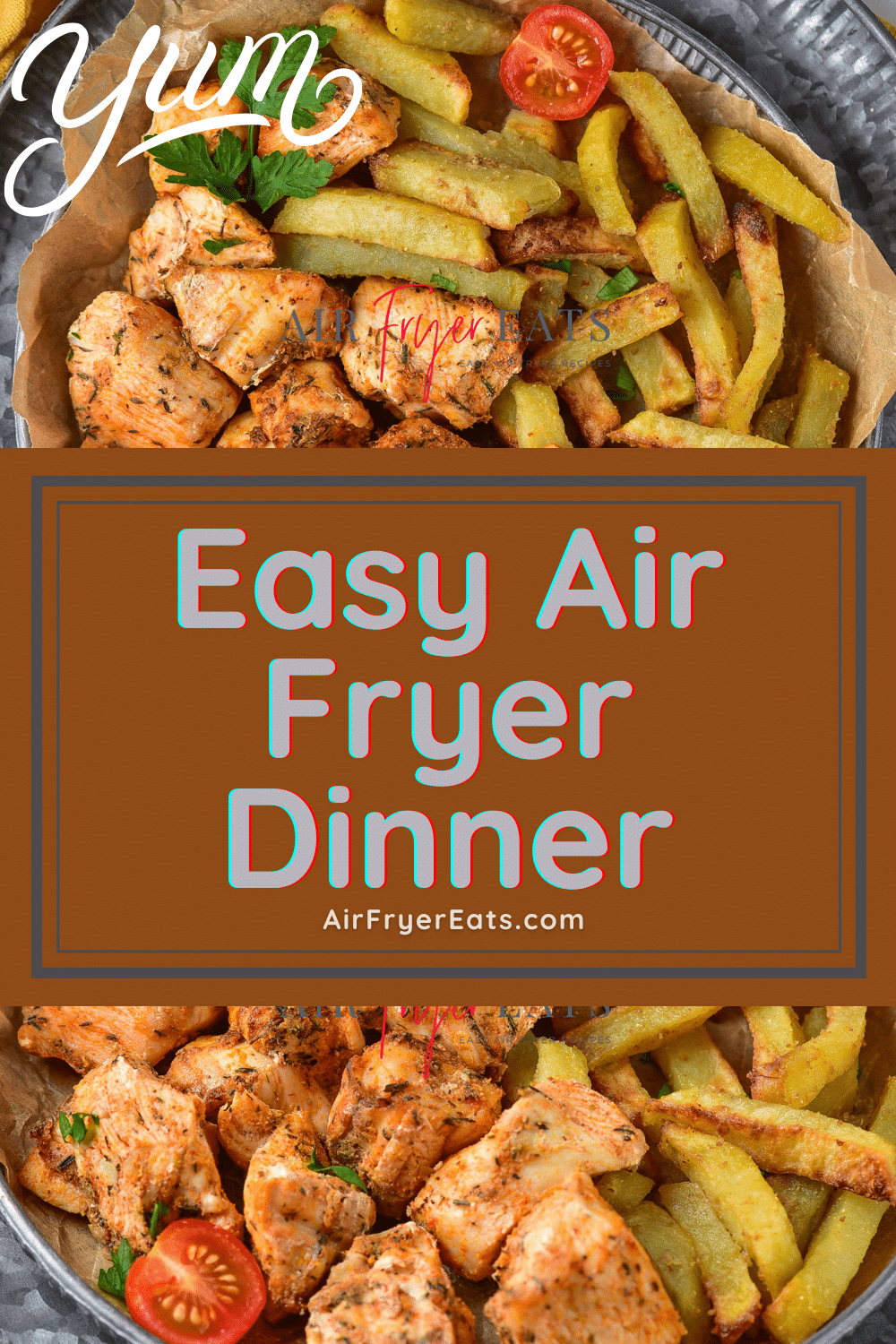 photos of chicken, potatoes, and cherry tomatoes. Text box overlay says "easy air fryer dinner" via @vegetarianmamma
