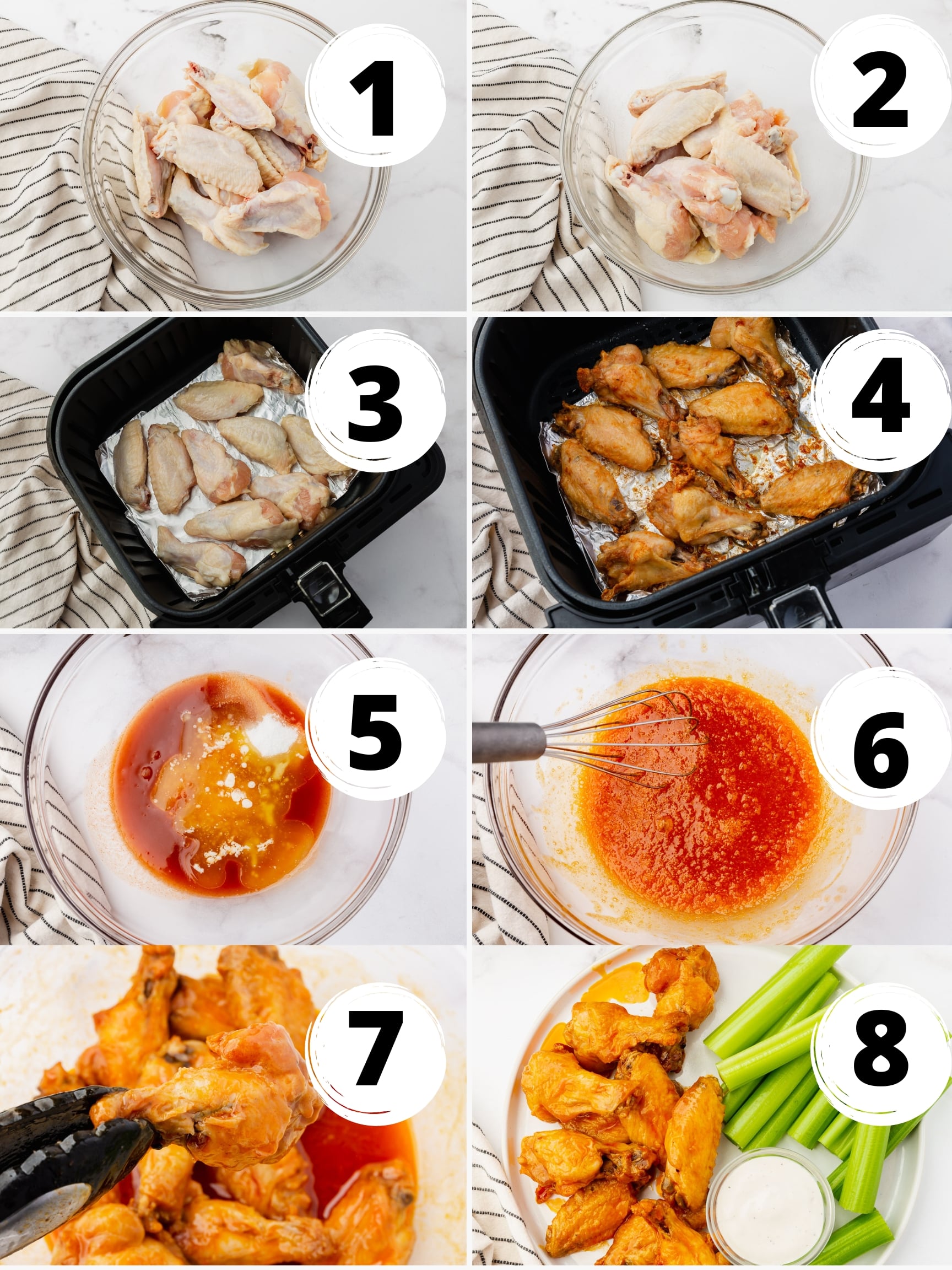 a collage of 8 numbered images, showing how to make buffalo wings in air fryer. 