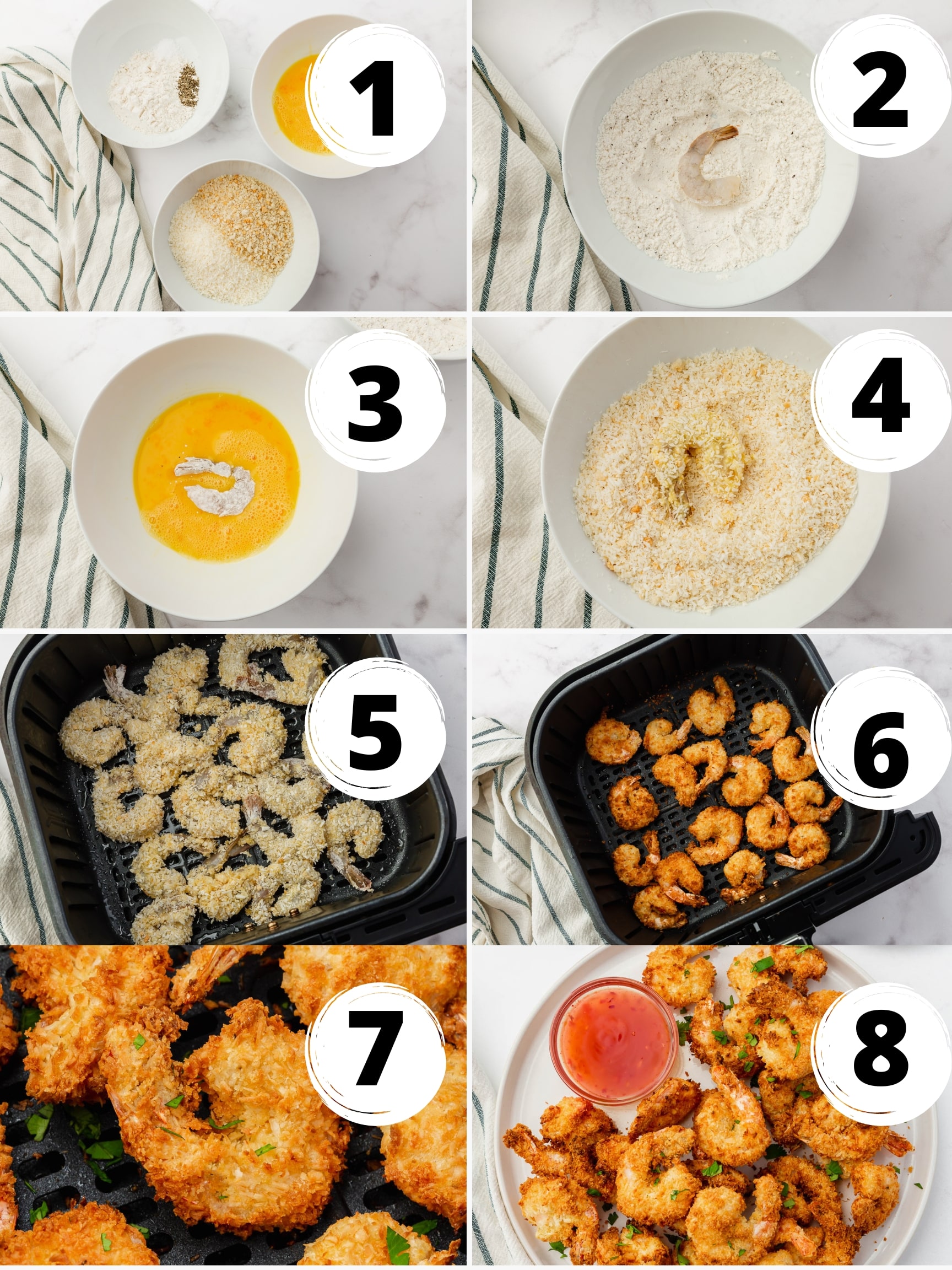 a collage of 8 images showing how to make coconut shrimp in air fryer.
