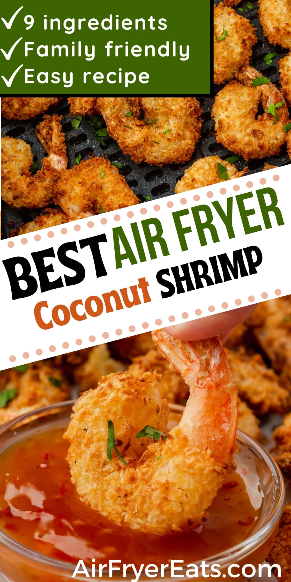 Air Fryer Coconut Shrimp is super crispy, breaded with coconut flakes and panko bread crumbs, and cooks up juicy and flavorful with just a small amount of oil. via @vegetarianmamma