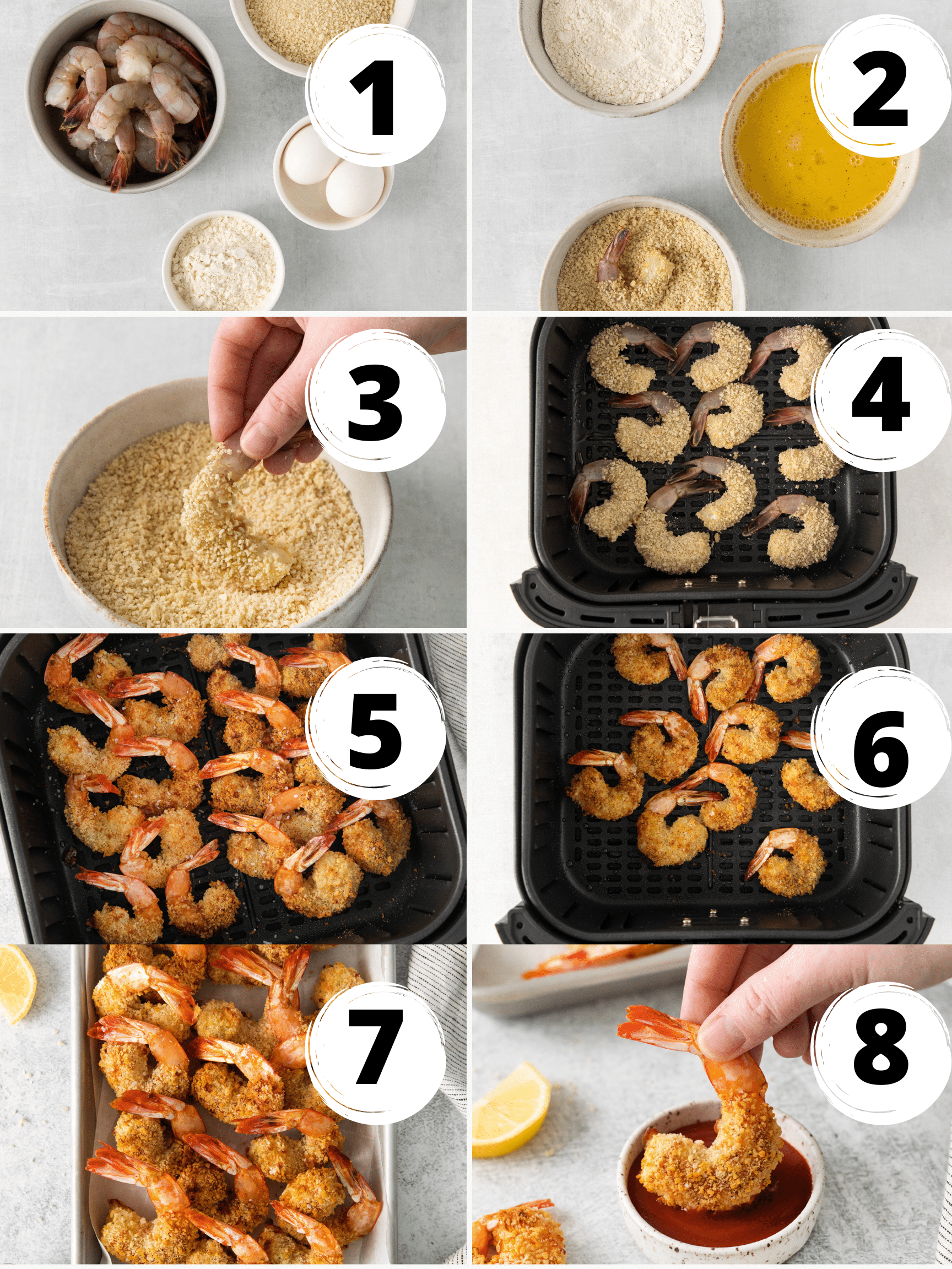 a collage of 8 images showing how to make air fryer breaded shrimp