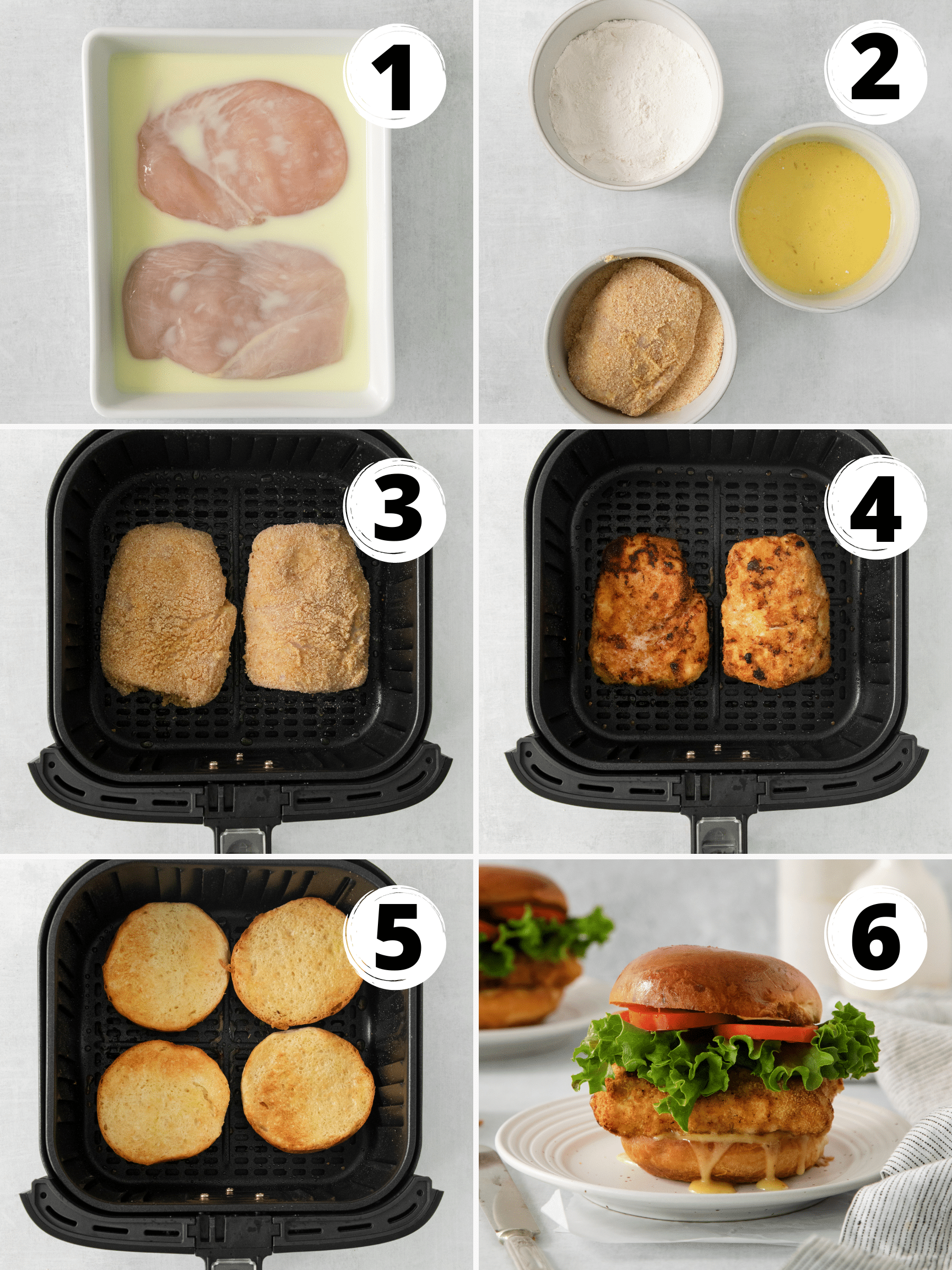 a collage of six images showing how to make chicken sandwiches using an air fryer.