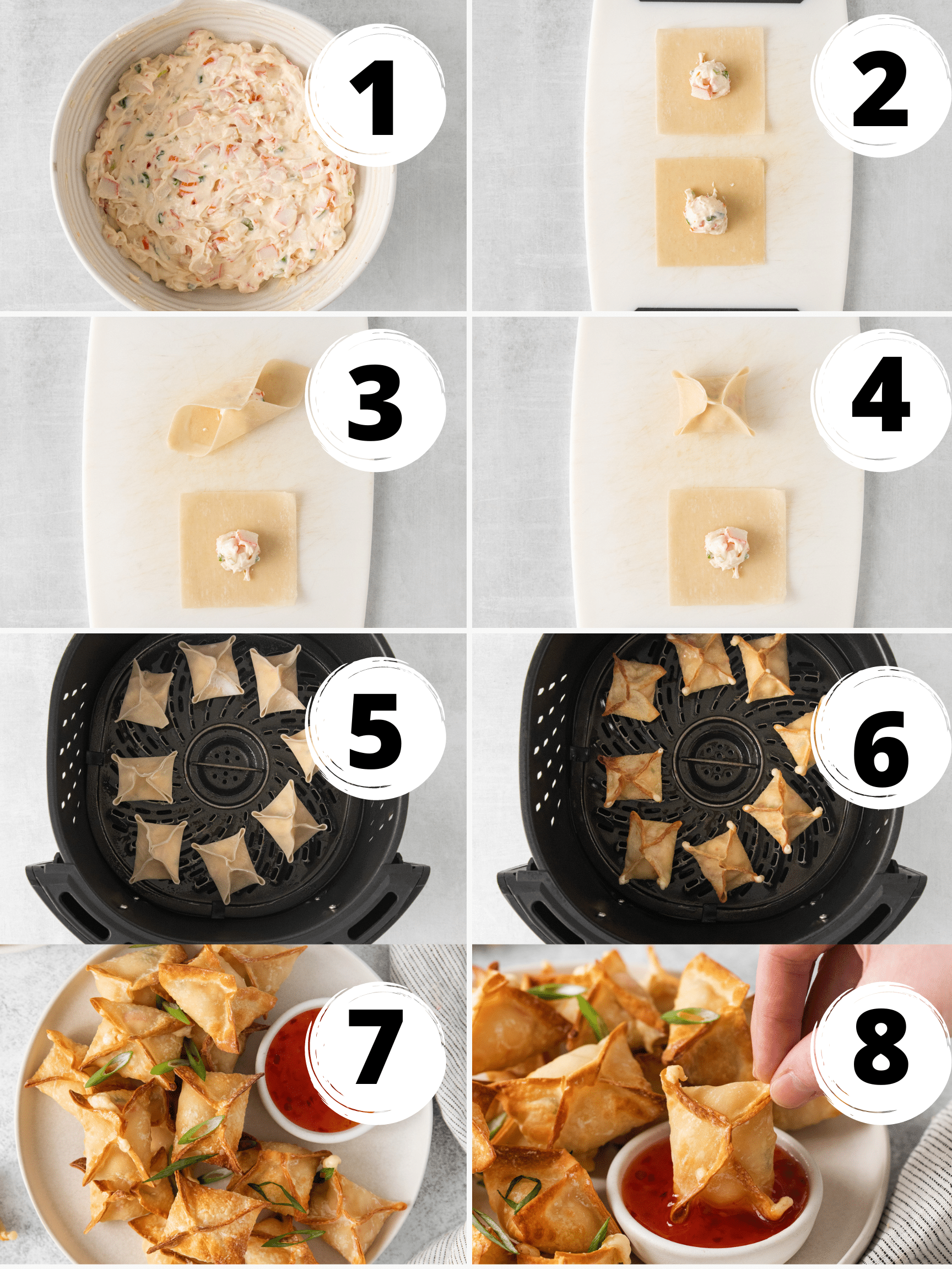a collage of 8 images showing how to prepare and air fry crab rangoons