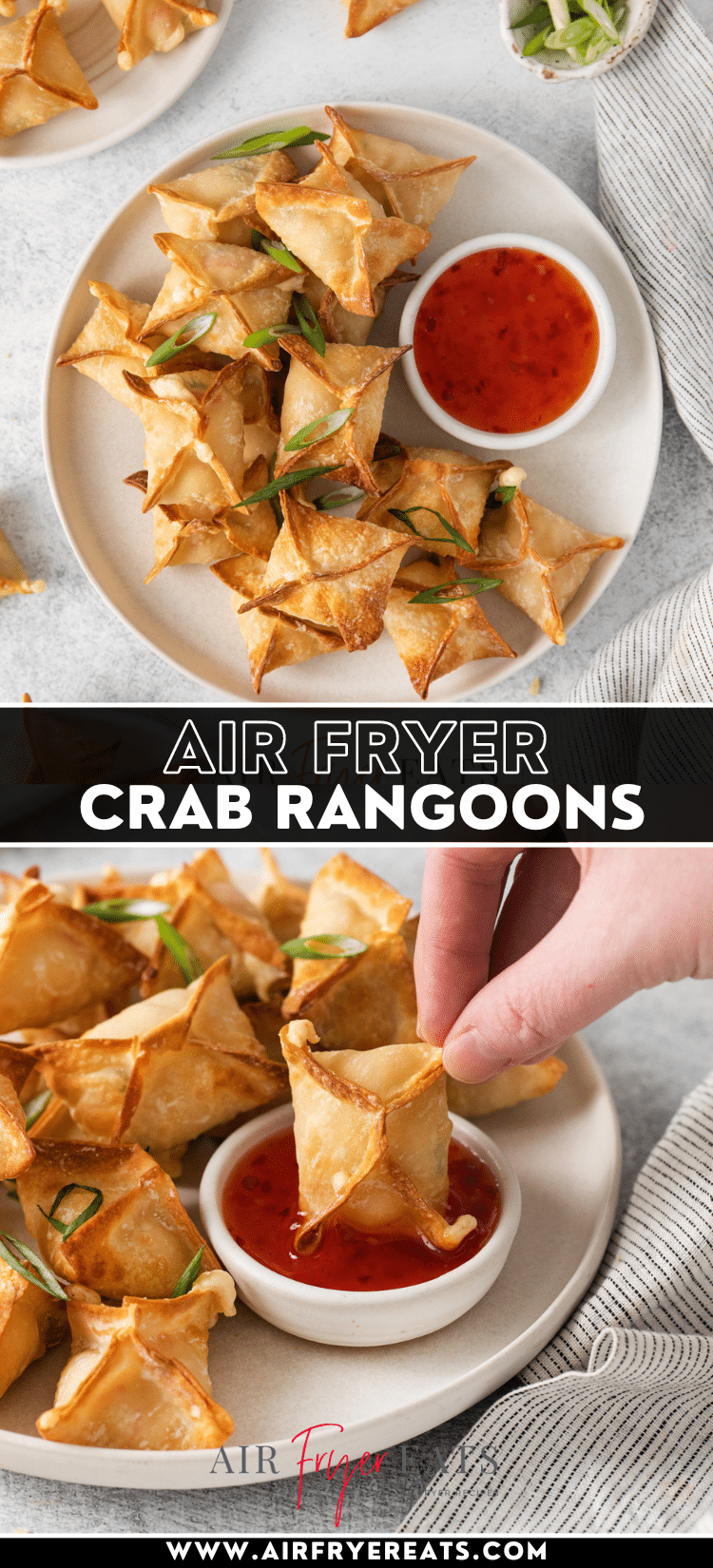 Learn how to make Air Fryer Crab Rangoon - Your favorite crispy wontons filled with crab and seasoned cream cheese. Skip the takeout Chinese food and make homemade Crab Rangoon in the Air Fryer instead. via @vegetarianmamma