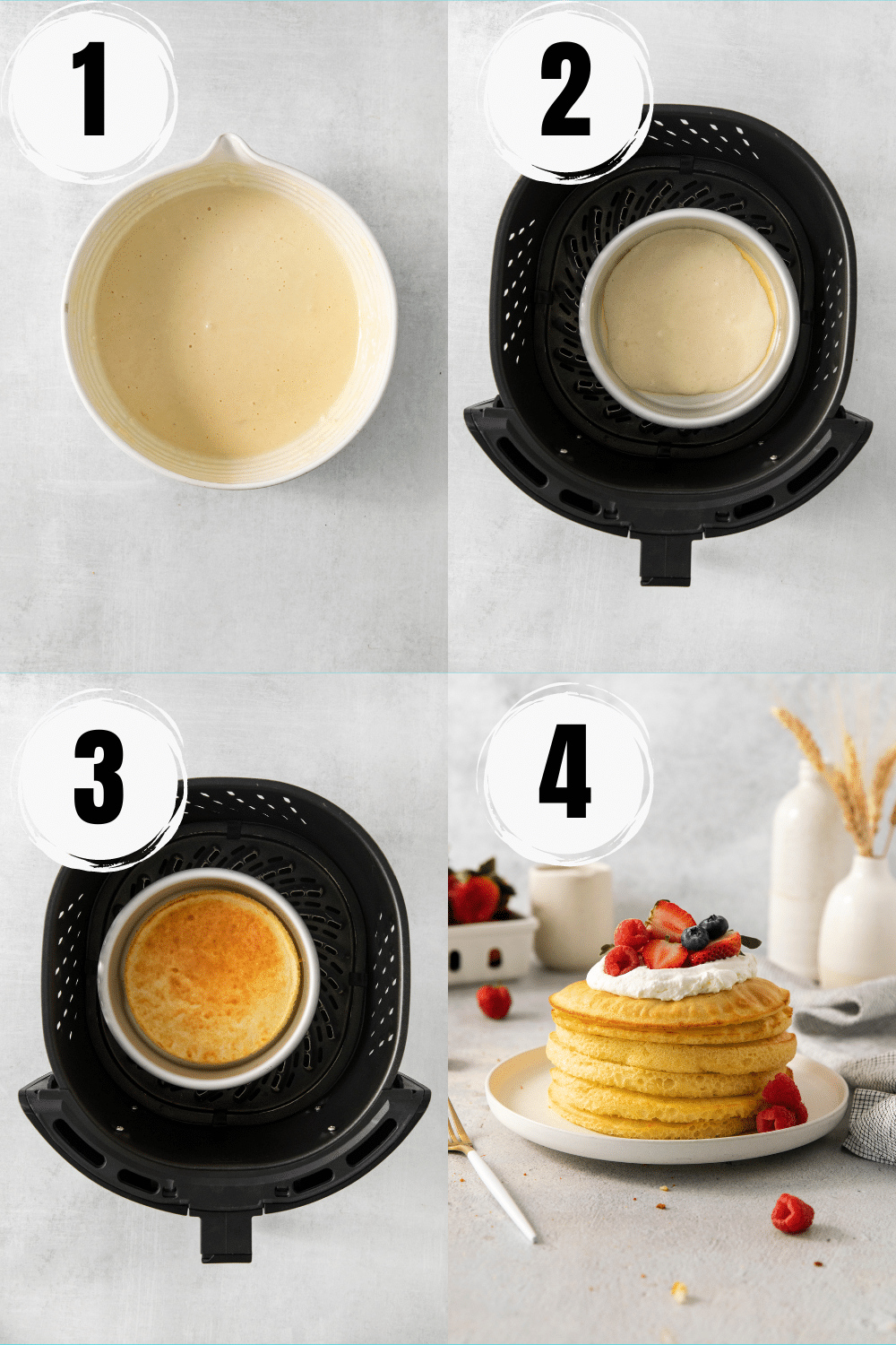 A collage of four images showing how to make pancakes in the air fryer, using a small round cake pan as a mold.