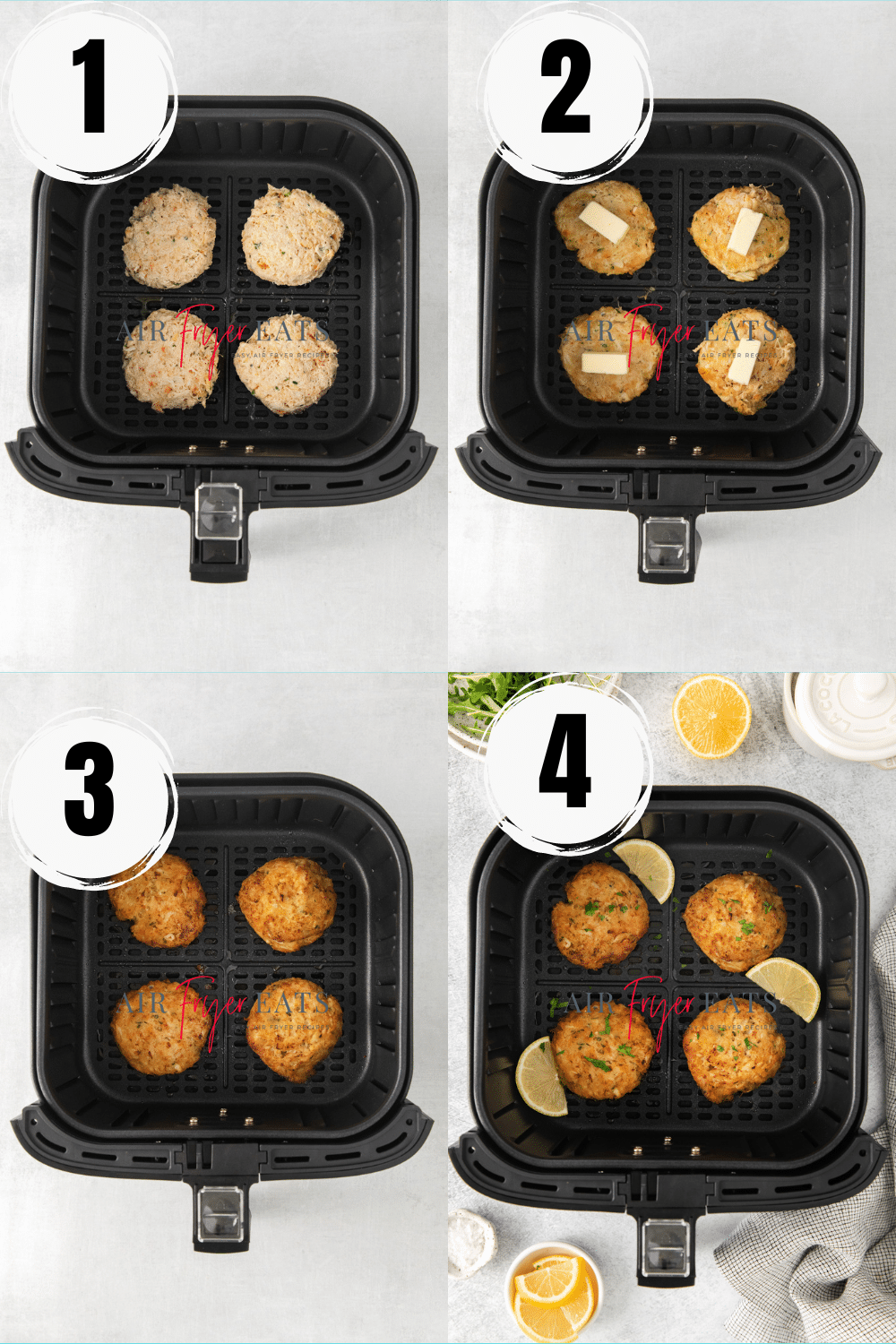 A collage of four images showing how to make frozen crab cakes in the air fryer that are crispy and flavorful. 