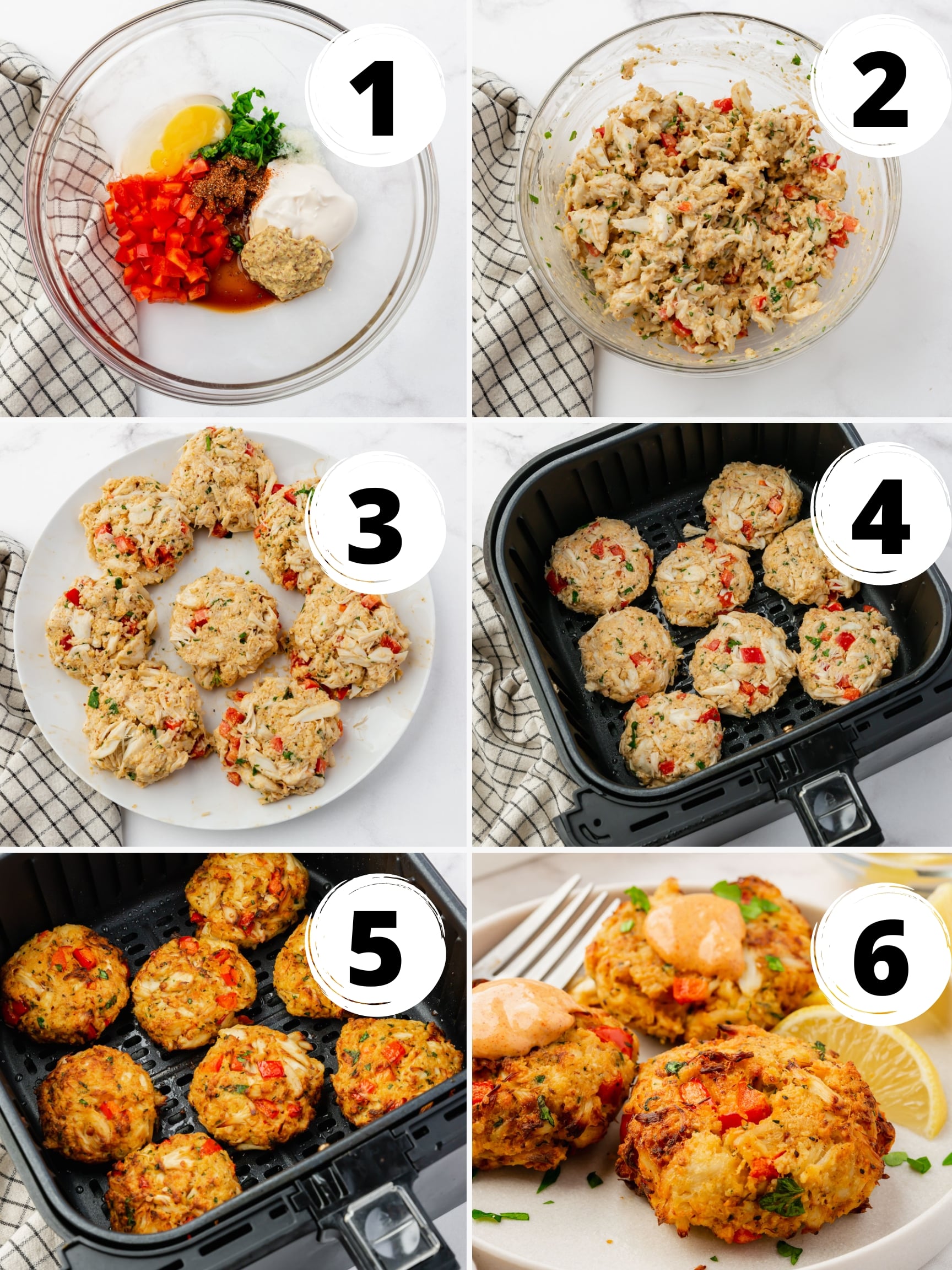 a collage of six images showing how to make crab cakes from scratch in the air fryer