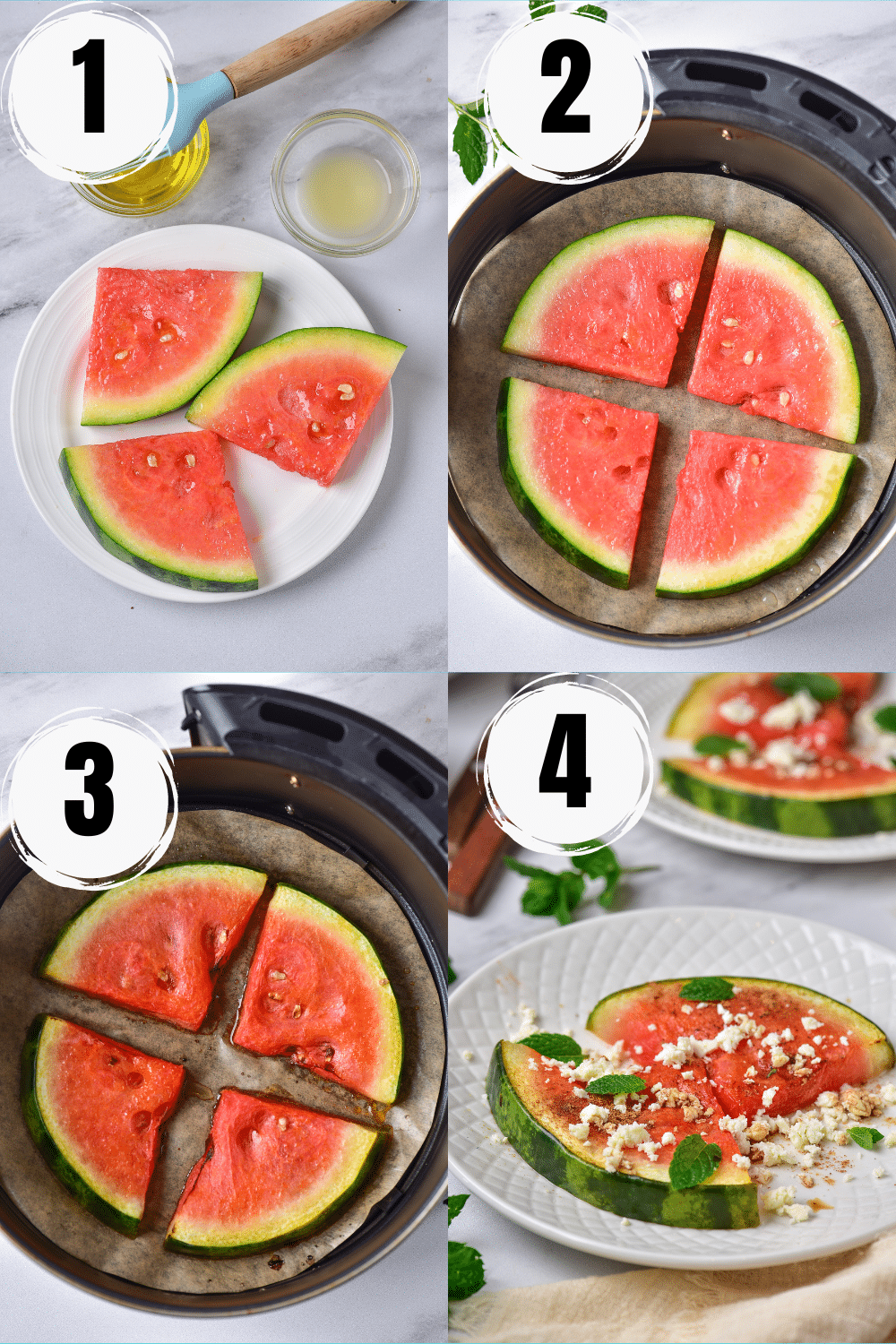 a collage of four images showing how to make fried watermelon in an air fryer.