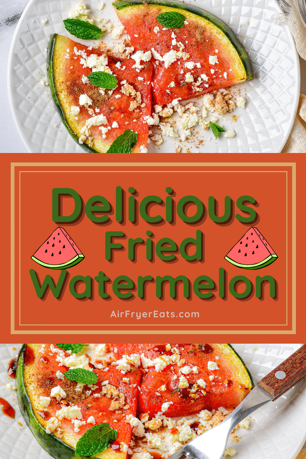 Air Fried Watermelon slices are warm and slightly grilled, topped with feta, mint, and cinnamon, and are a delightful side, salad, or appetizer. via @vegetarianmamma