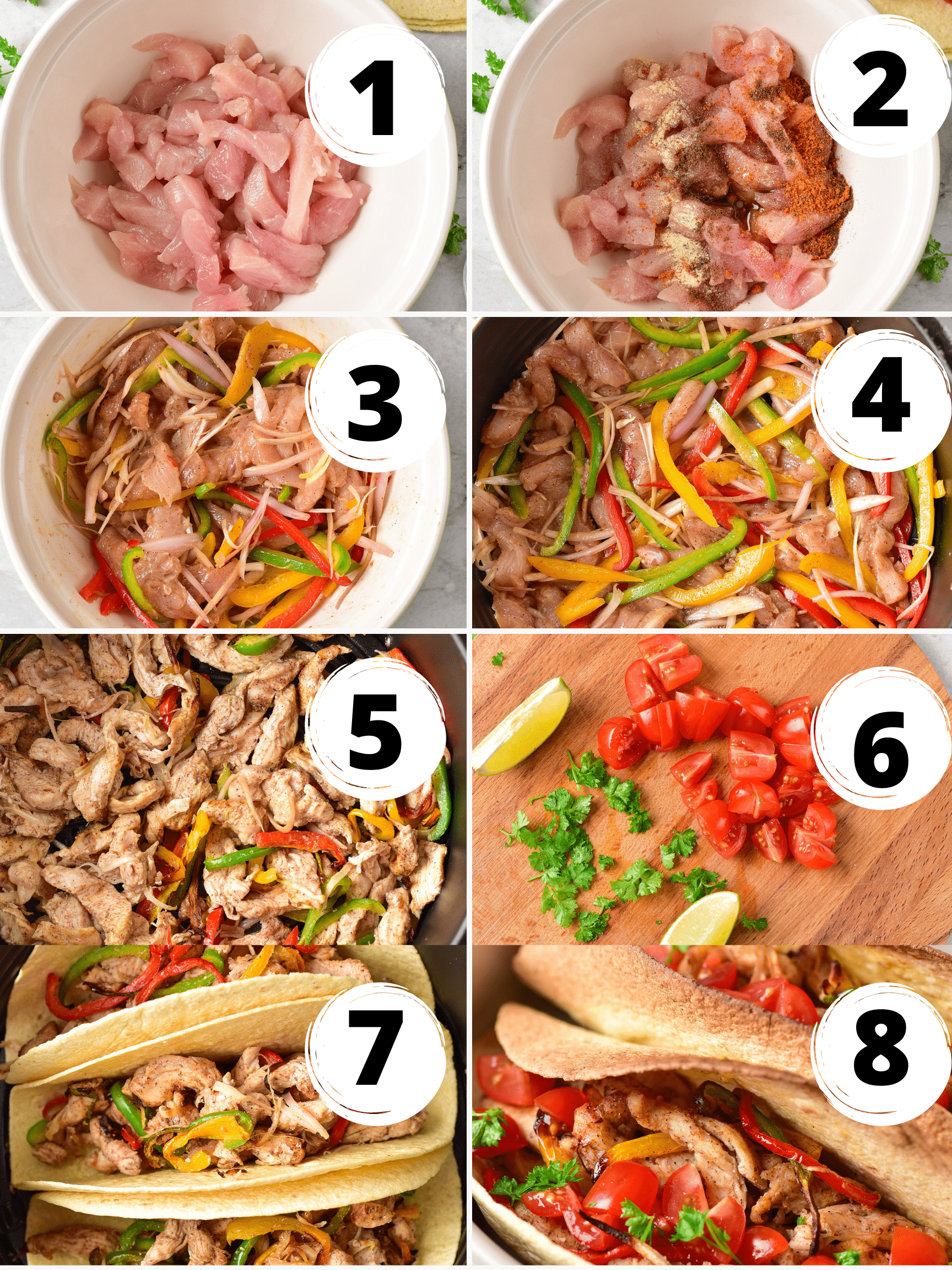 a collage of 8 images showing step by step, how to make chicken fajitas in the air fryer.
