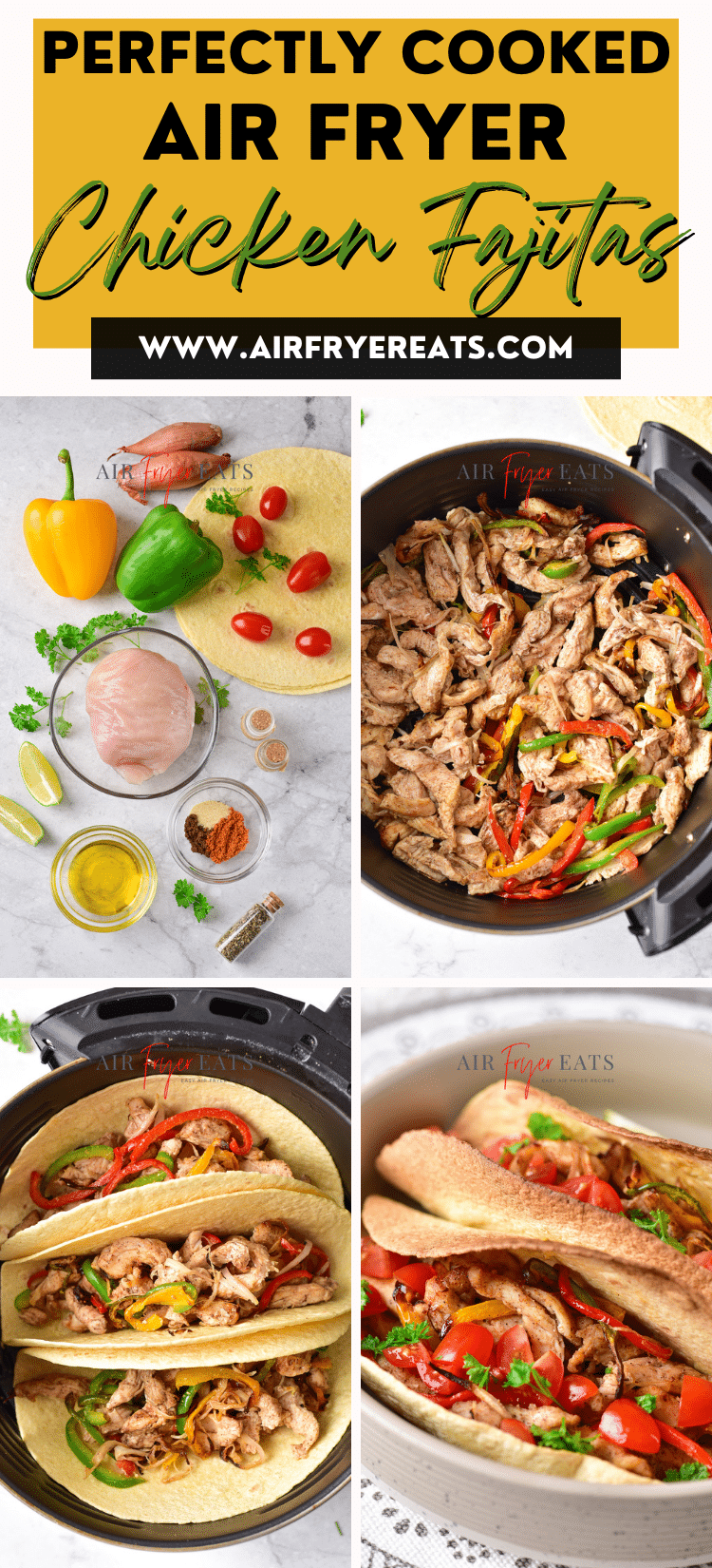 Flavorful Air Fryer Fajitas with chicken, peppers, onions, and fresh tomatoes are cooked entirely in the air fryer! via @vegetarianmamma