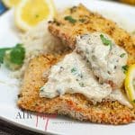 horizontal photo of 2 fillets of Air Fryer Crusted Parmesan Salmon on a white square plate with slices of lemon and cilantro garnish