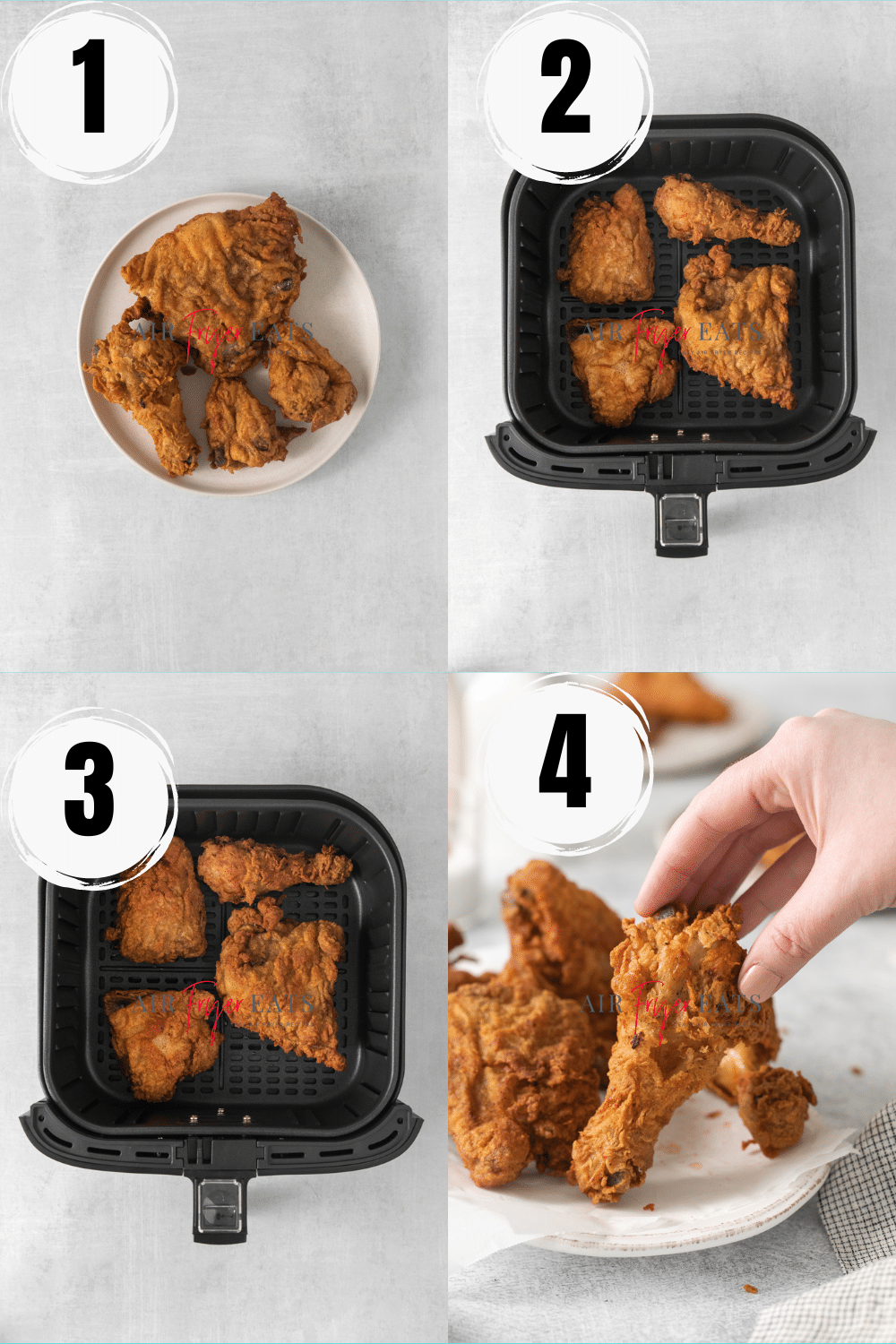 a collage of four images showing how to make leftover fried chicken in the air fryer.