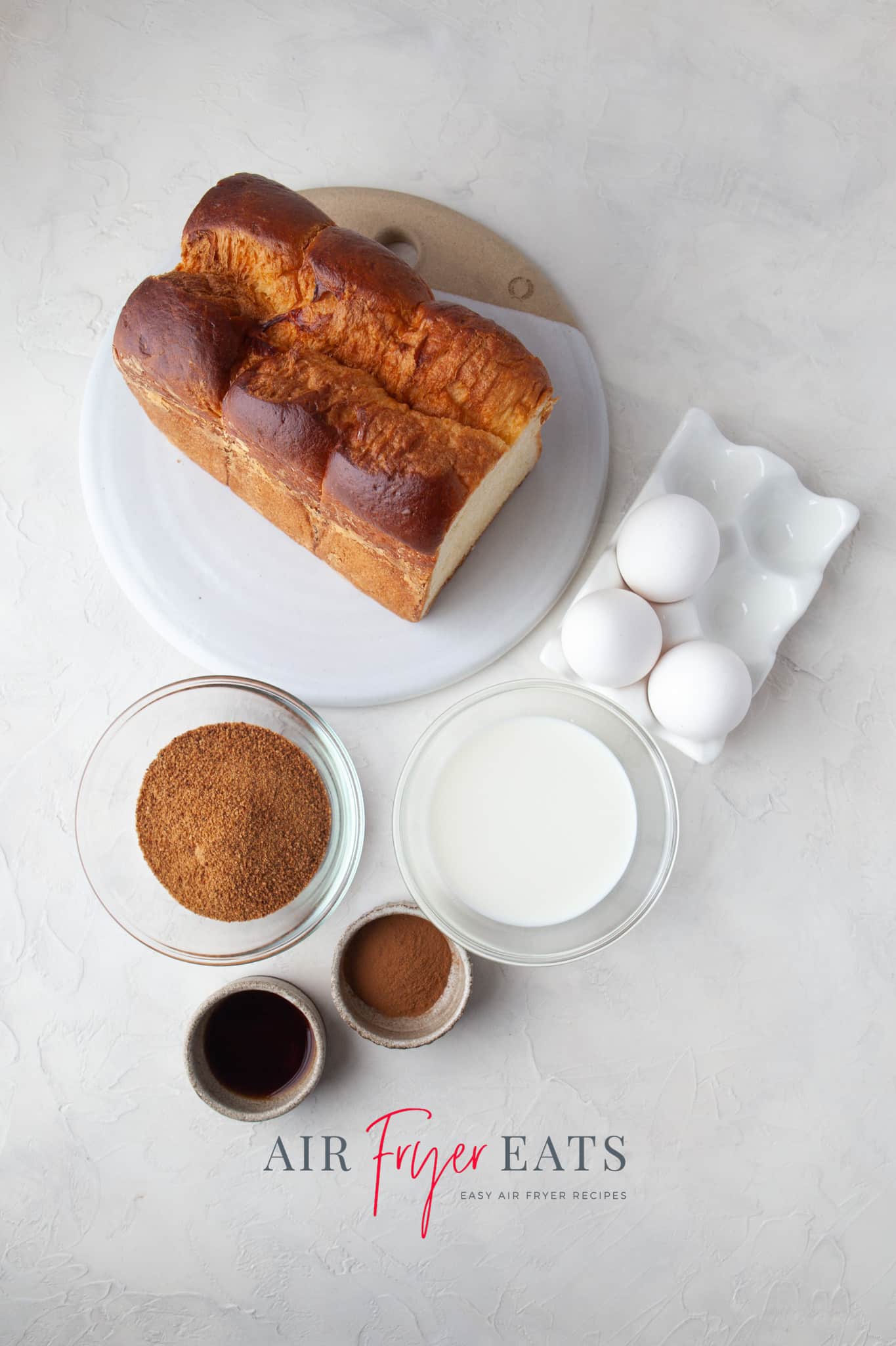 The ingredients needed to make french toast sticks in the air fryer with brioche