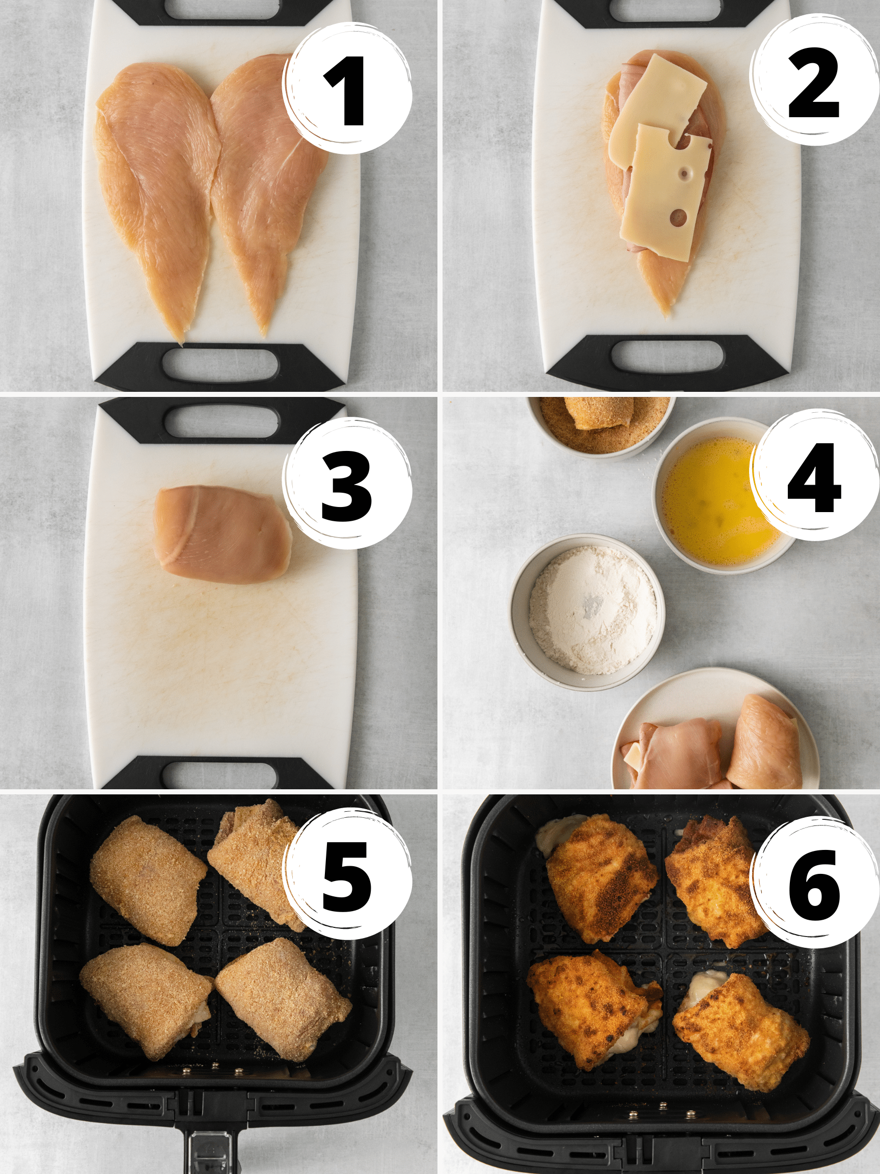 a collage of six images showing how to make chicken cordon bleu in the air fryer.