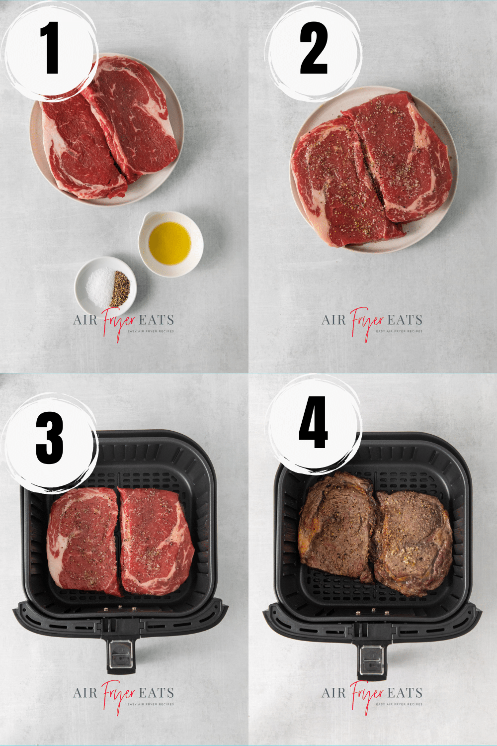 A collage of four images showing how to make ribeye steaks in an air fryer